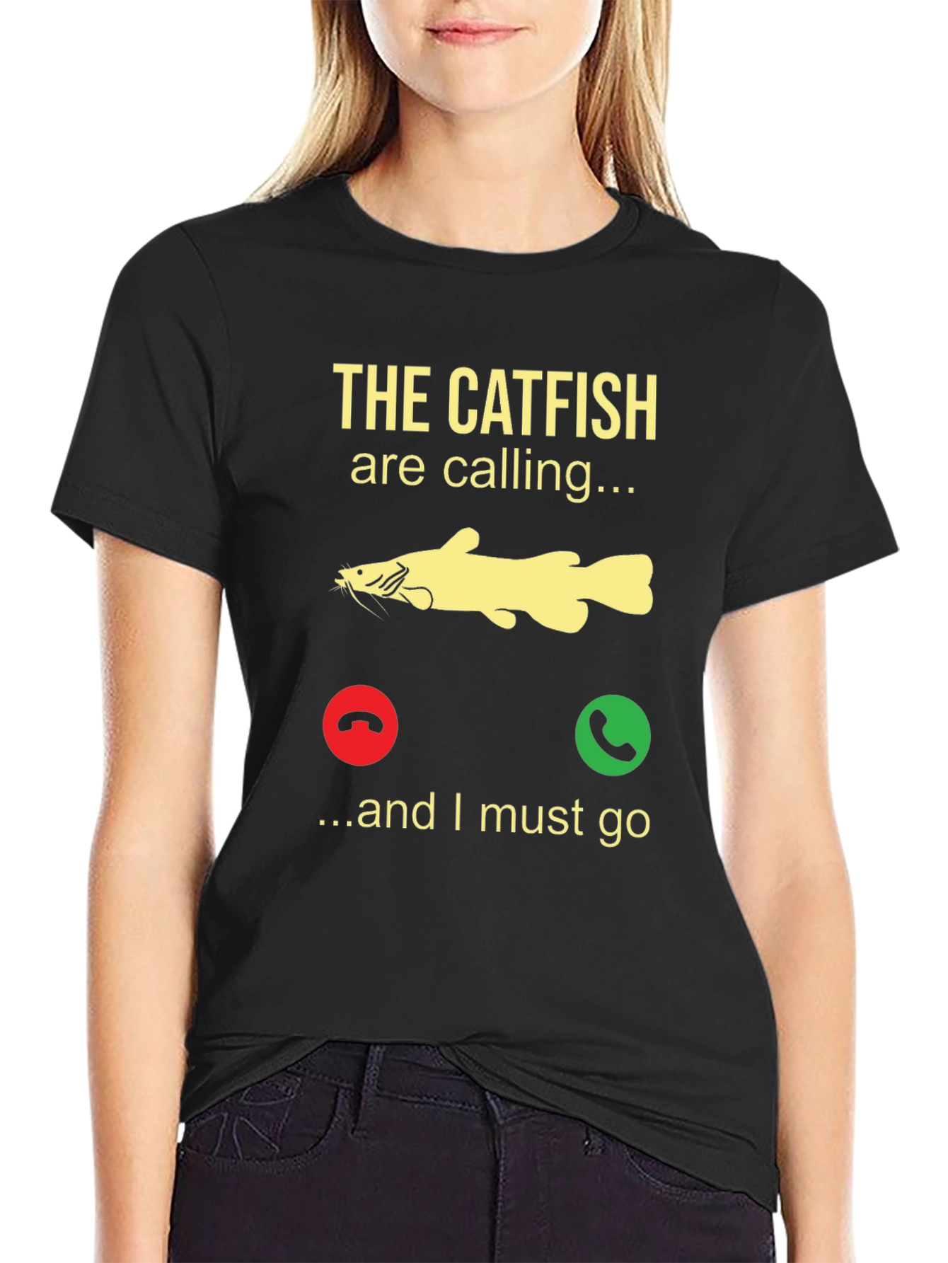 Black Catfish Calling T-Shirt - Fishing Humor Tee view 2