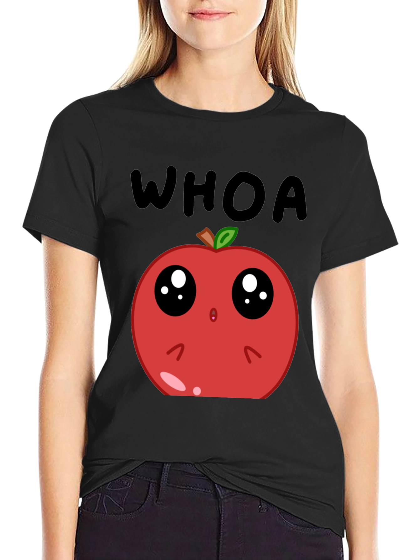 Black Funny Apple Cartoon T-Shirt - Whoa Cute Fruit Tee view 2