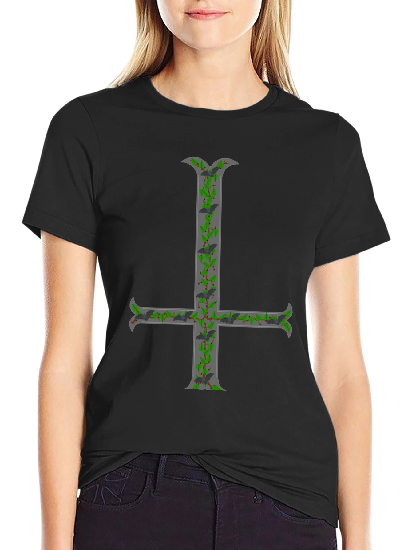 Black Inverted Cross T-Shirt with Bats and Ivy view 2