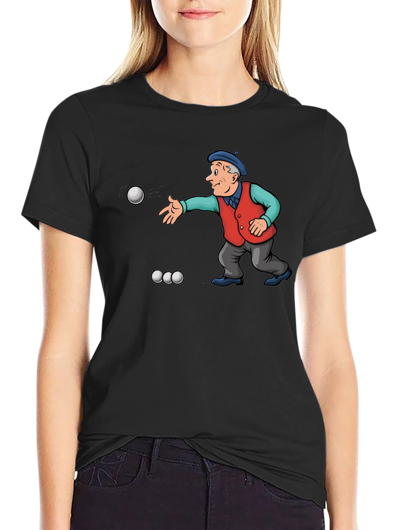 Black Cartoon Bocce Ball Player Black T-Shirt view 2