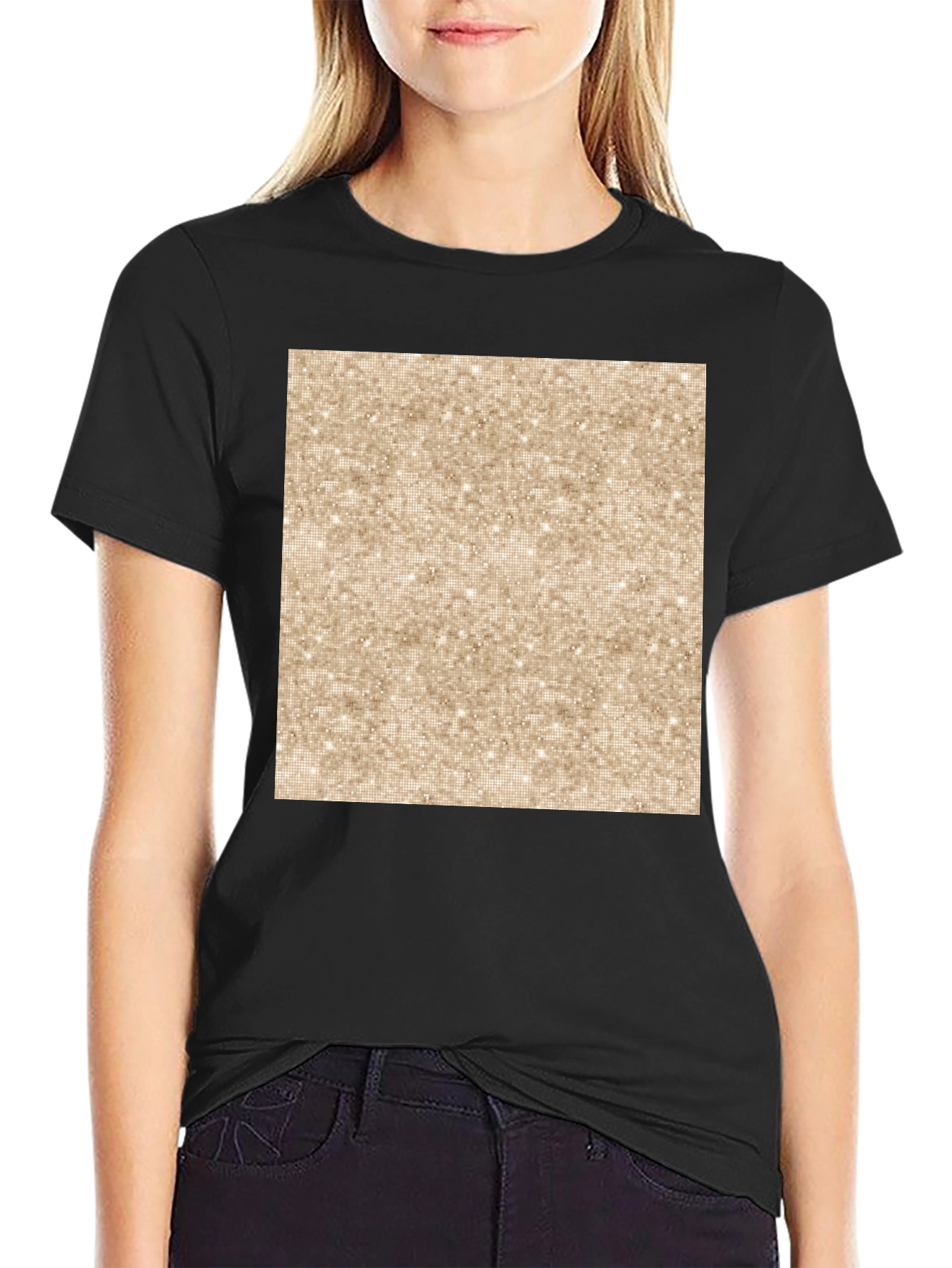 Black Stylish Black Tee with Glittery Gold Square Graphic view 2