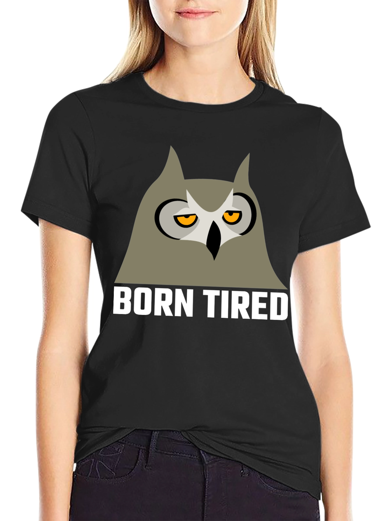 Black Born Tired Owl Graphic T-Shirt -  Black Crew Neck Tee view 2