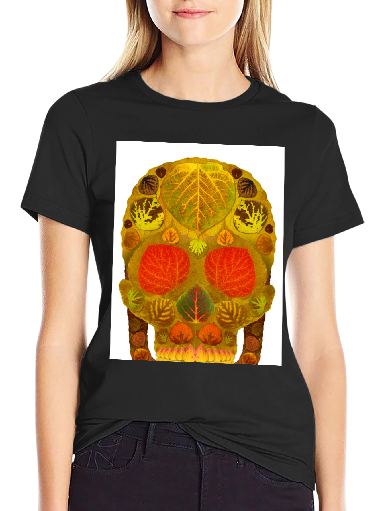 Black Leaf Skull Graphic Tee - Unique Nature Art T-Shirt view 2