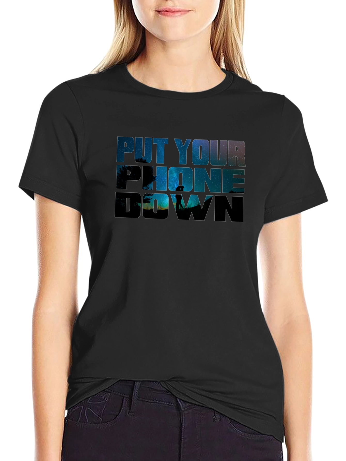 Black Put Your Phone Down Graphic T-Shirt view 2