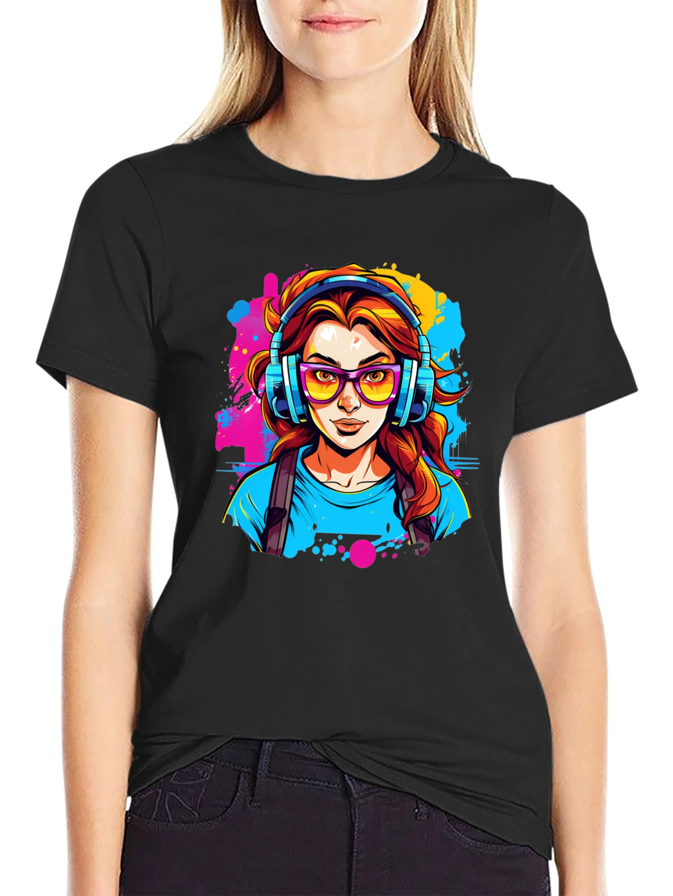 Black Graphic Print T-Shirt - Woman with Headphones view 2