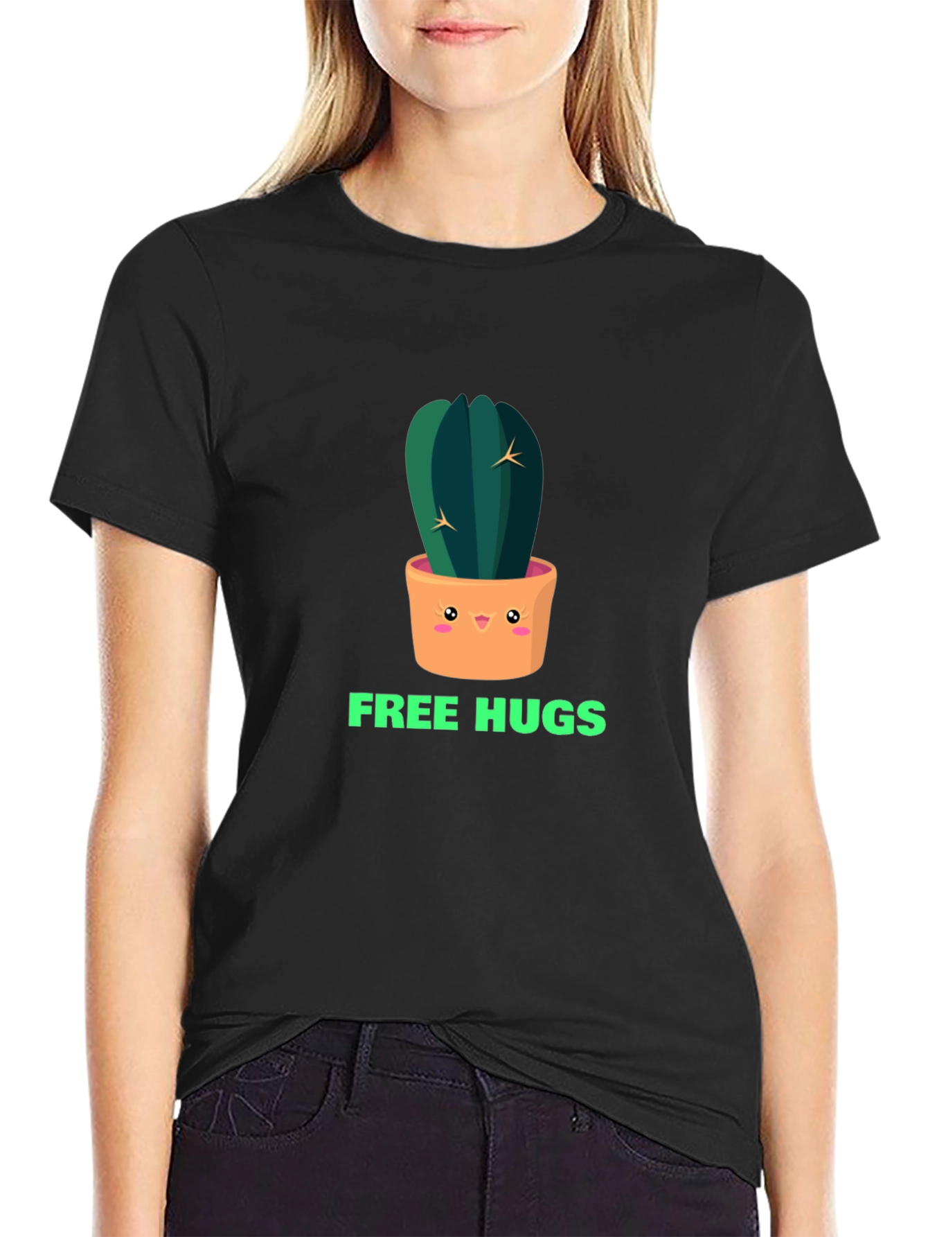 Black Cactus Free Hugs Graphic Tee - Trendy Unisex T-Shirt view 2