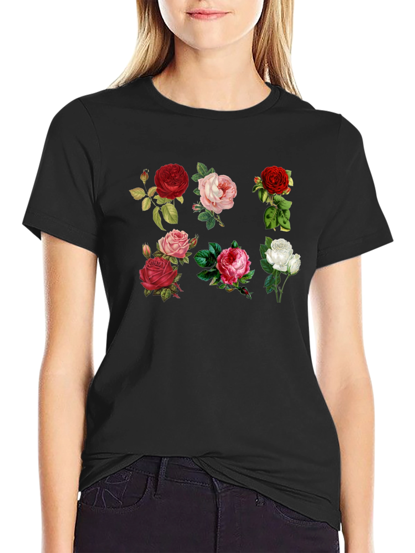 Black Floral Roses Graphic Print T-Shirt view 2