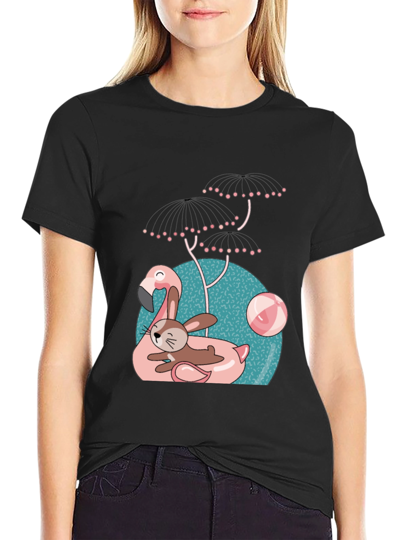 Black Fun Flamingo & Bunny Graphic T-Shirt view 2