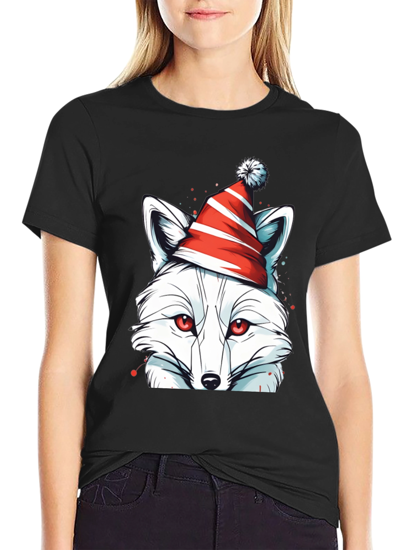 Black Festive Fox Tee - Holiday Graphic Shirt view 2