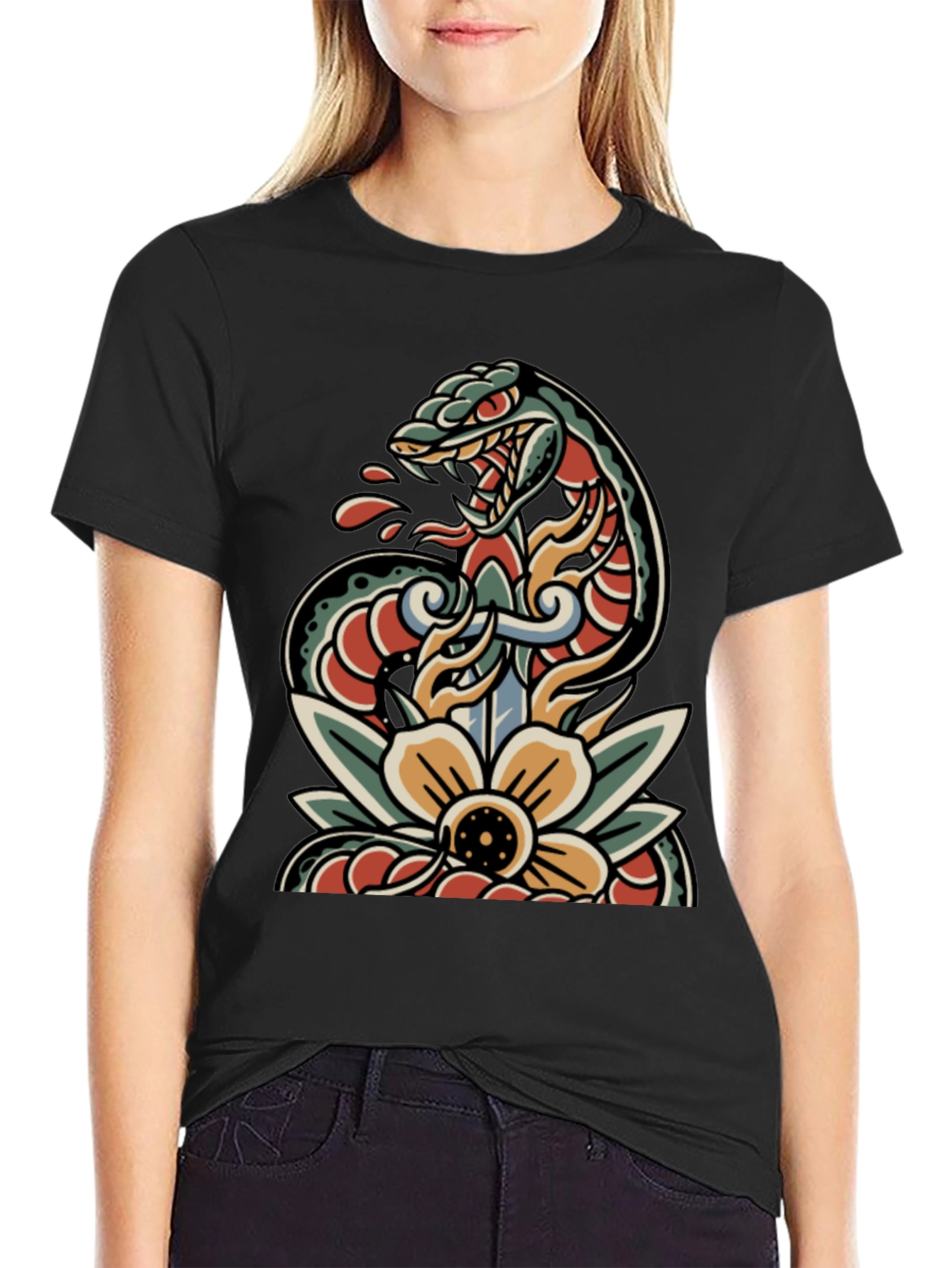Black Snake & Dagger Tattoo Style T-Shirt view 2