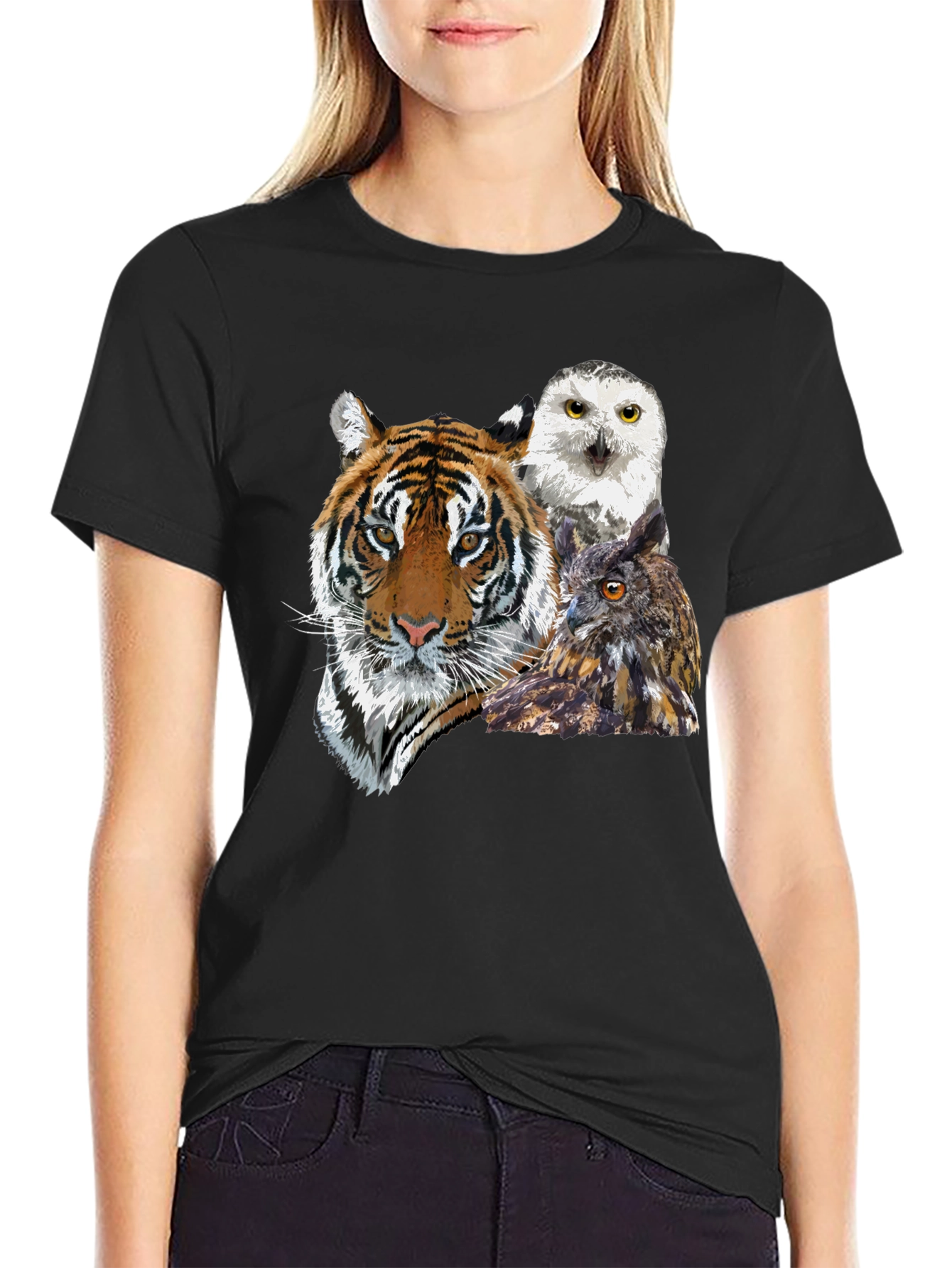 Black Tiger and Owl Graphic Tee - Men's Black T-Shirt view 2