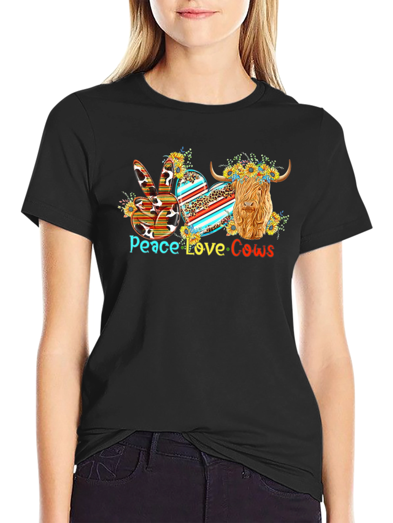 Black Peace Love Cows T-Shirt - Highland Cow Graphic Tee view 2