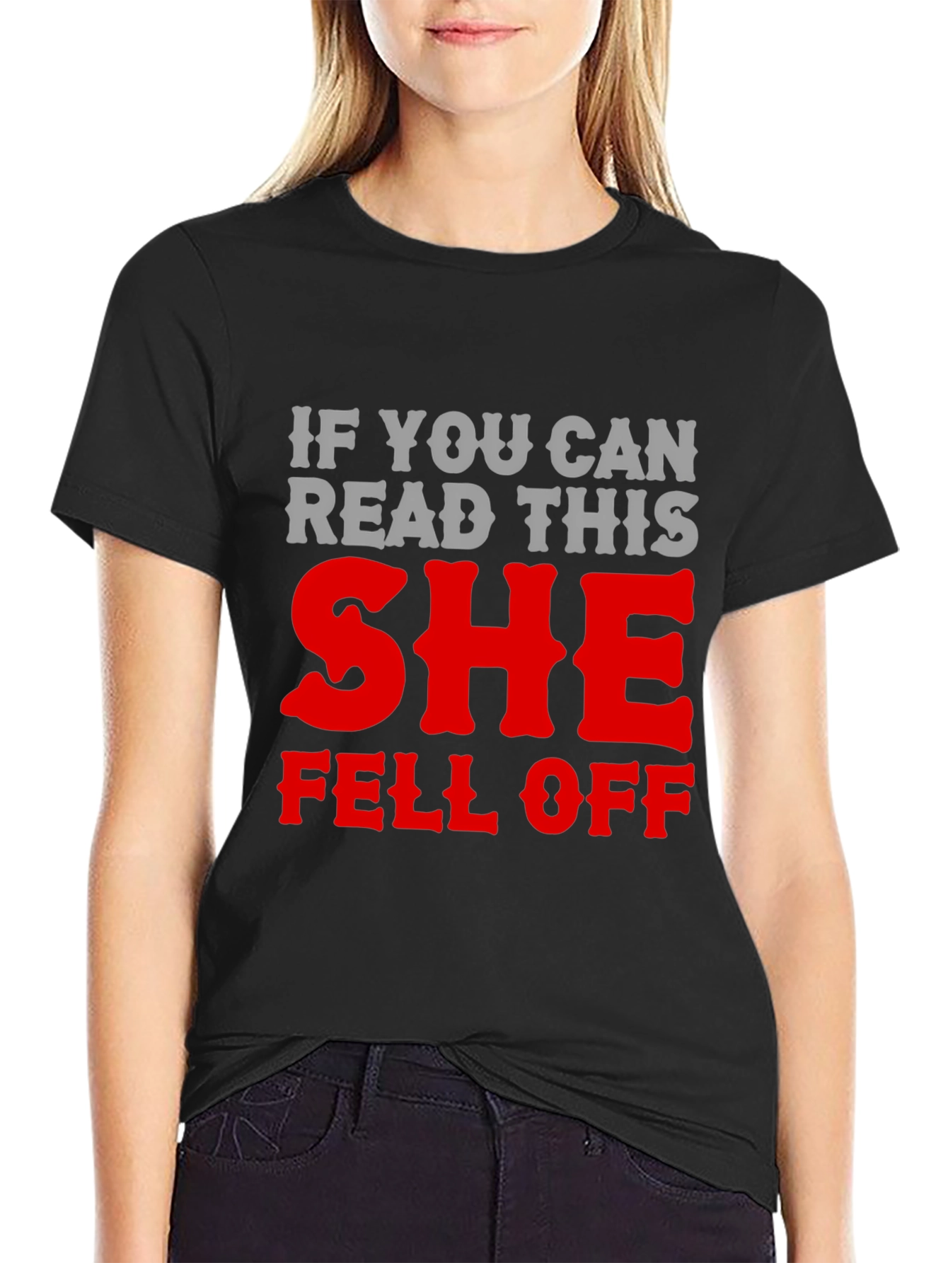 Black Humorous 'She Fell Off' Graphic T-Shirt view 2