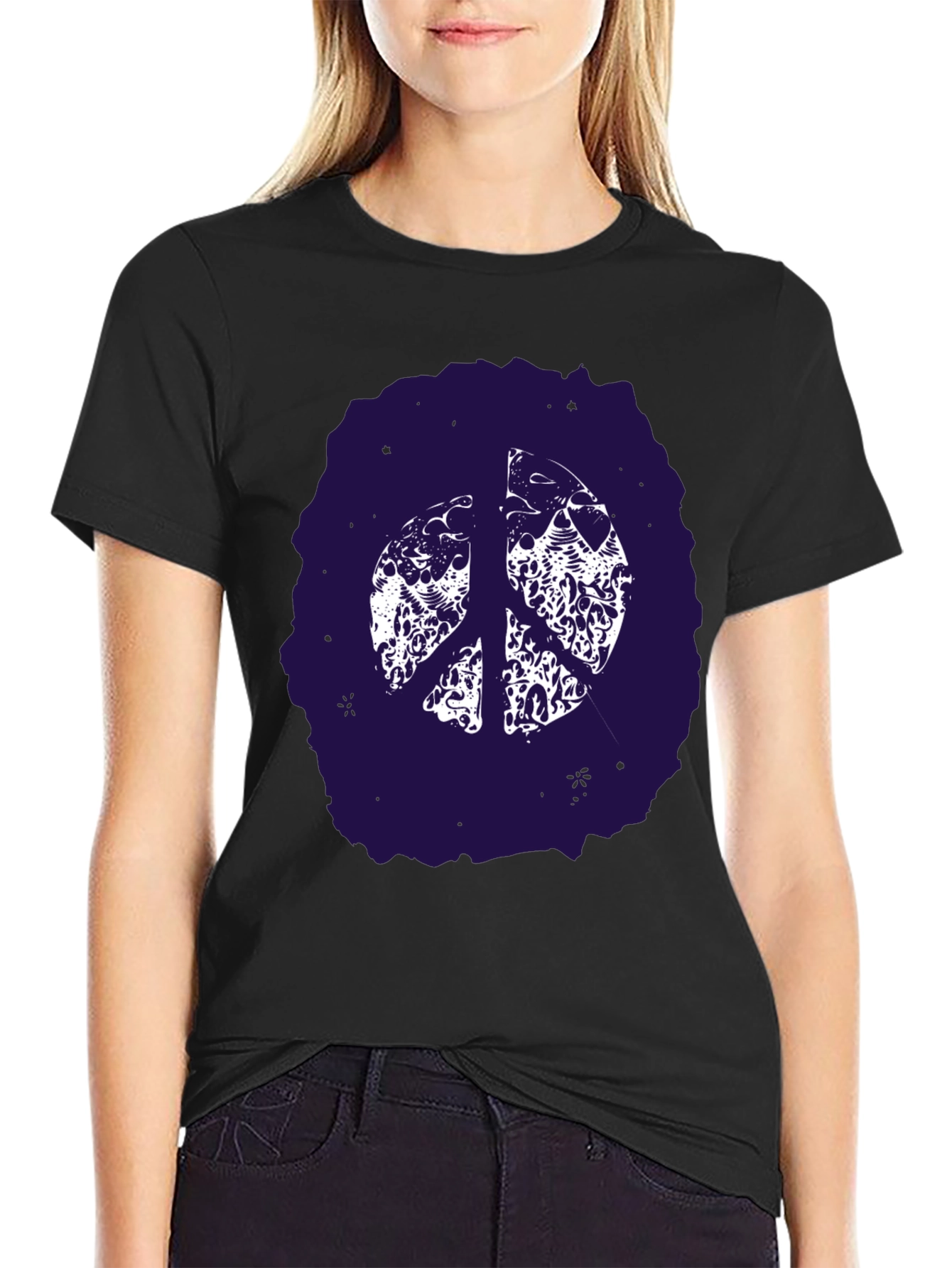 Black Peace Sign Graphic Tee - Black Cotton Comfort view 2