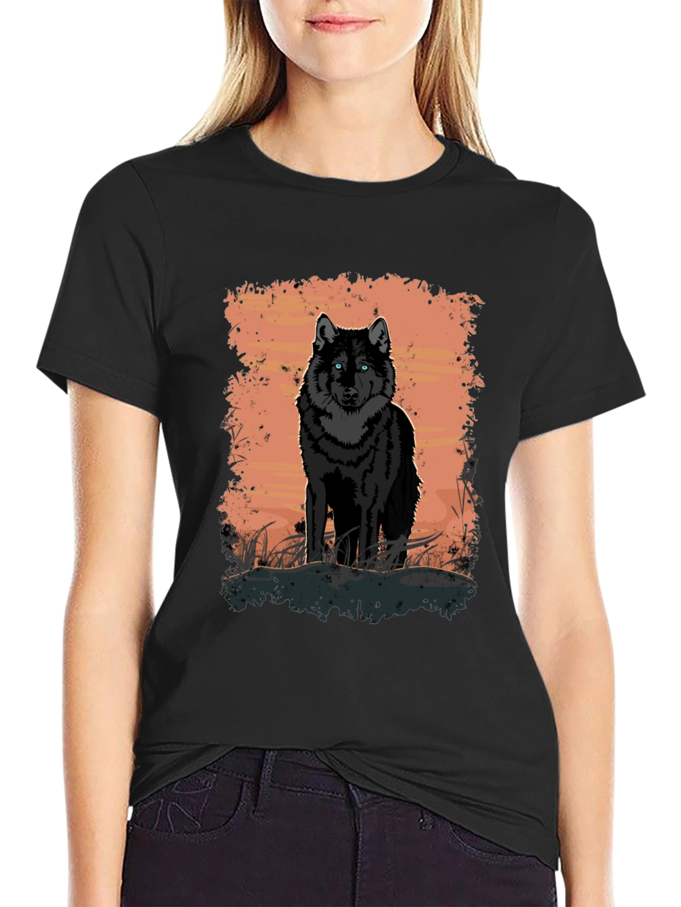 Black Wolf Graphic Print Black T-Shirt view 2