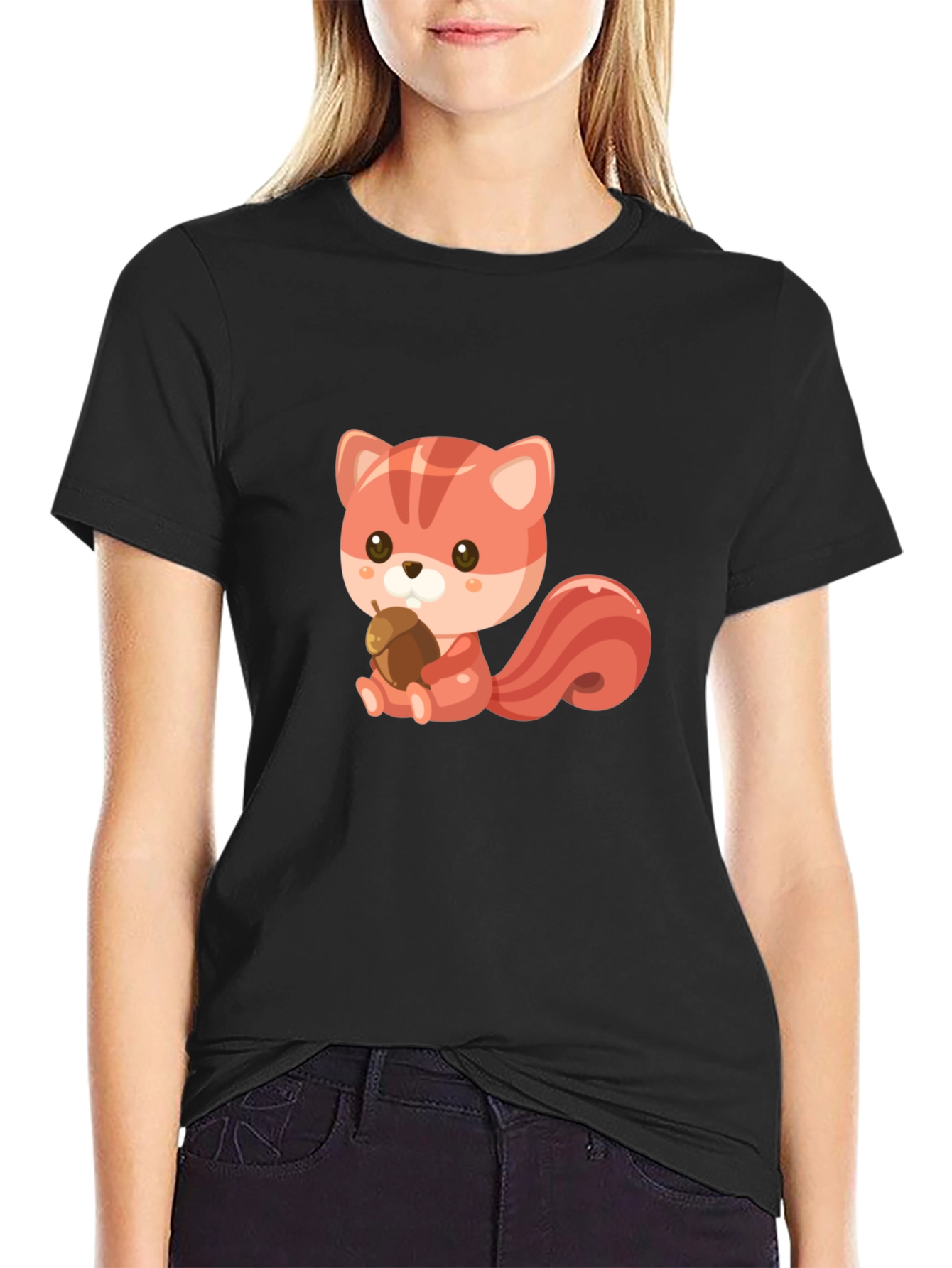 Black Cute Squirrel Holding Acorn Graphic Tee - Black view 2