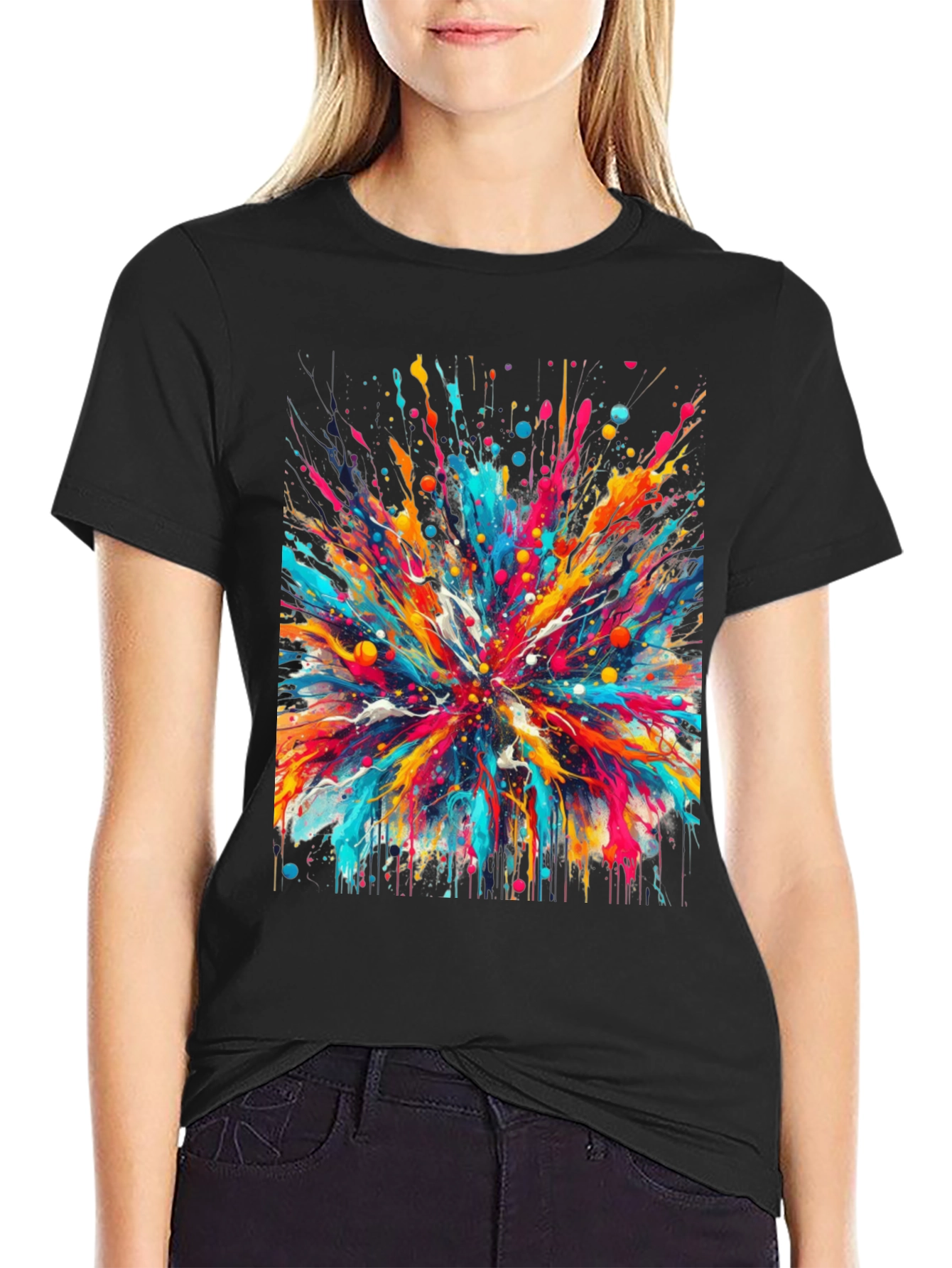 Black Colorful Splatter T-Shirt - Unique Artistic Design view 2