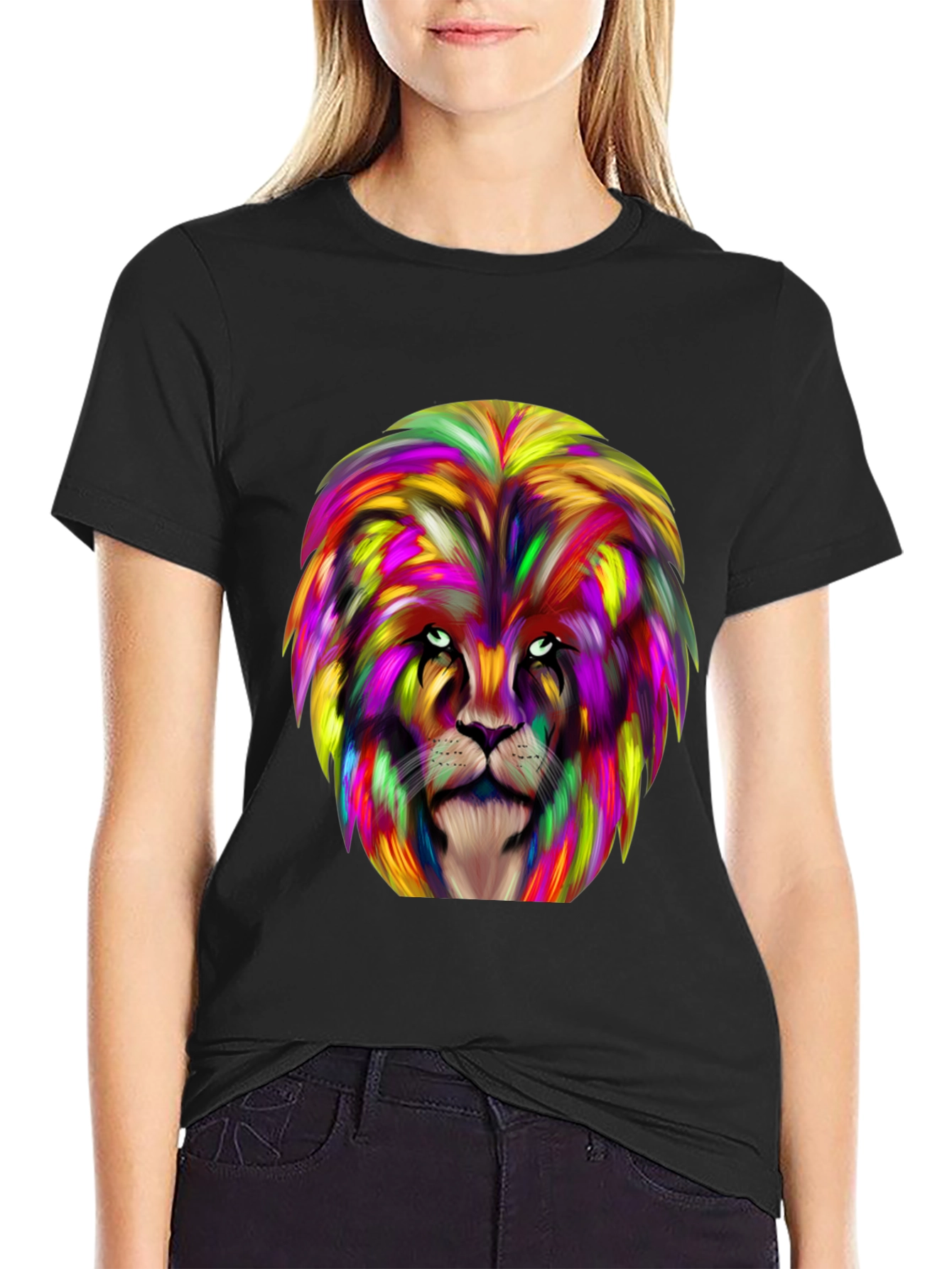 Black Colorful Lion Graphic Black T-Shirt view 2