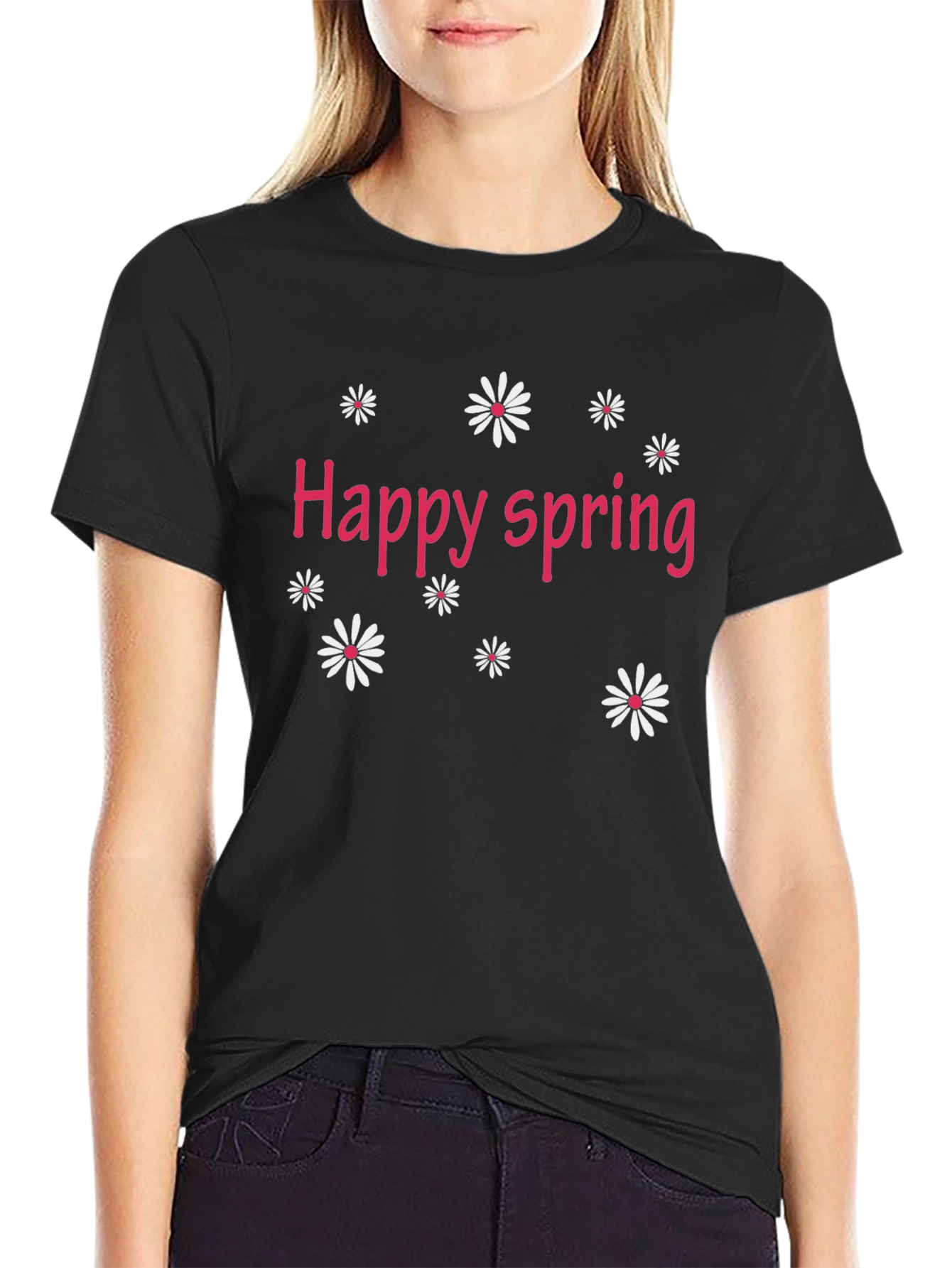 Black Happy Spring Black T-Shirt - Floral Design view 2