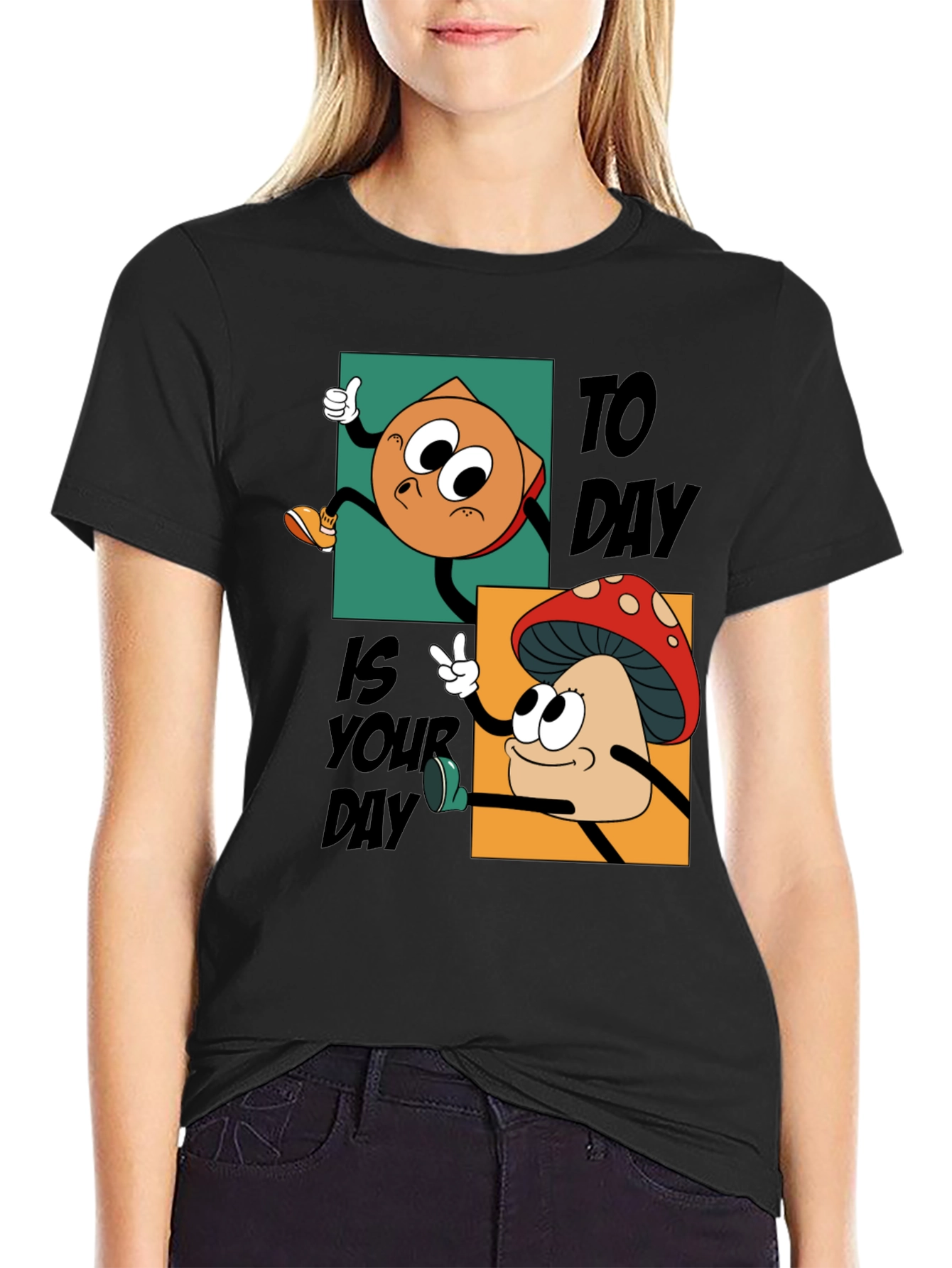 Black Cartoon Mushroom & Chip T-Shirt - Today Is Your Day! view 2