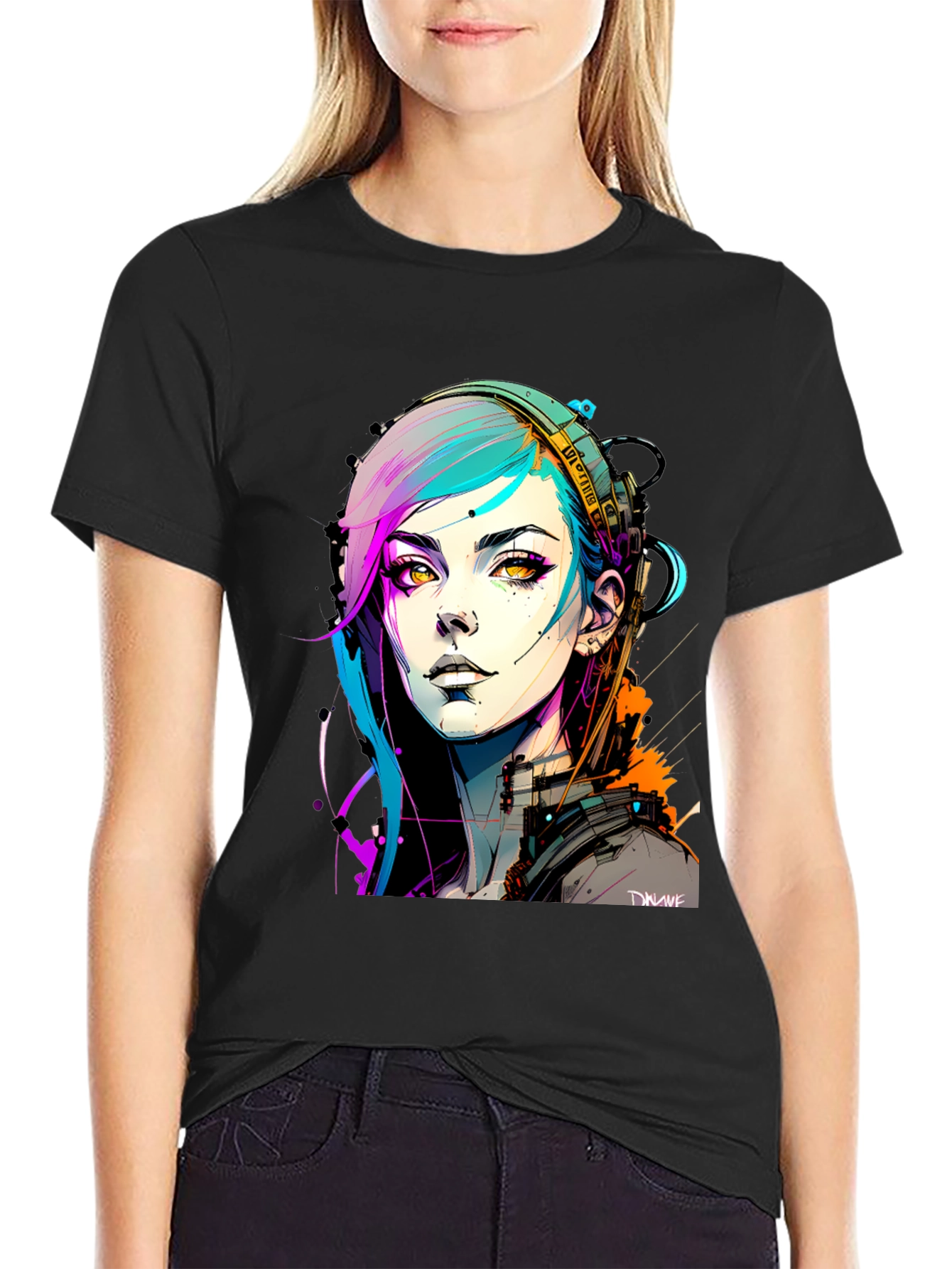 Black Cyberpunk Girl Graphic Tee - Black Cotton T-Shirt view 2