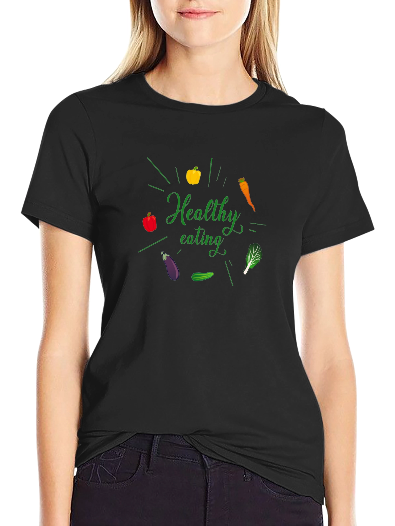 Black Healthy Eating T-Shirt - Eat Your Veggies! view 2
