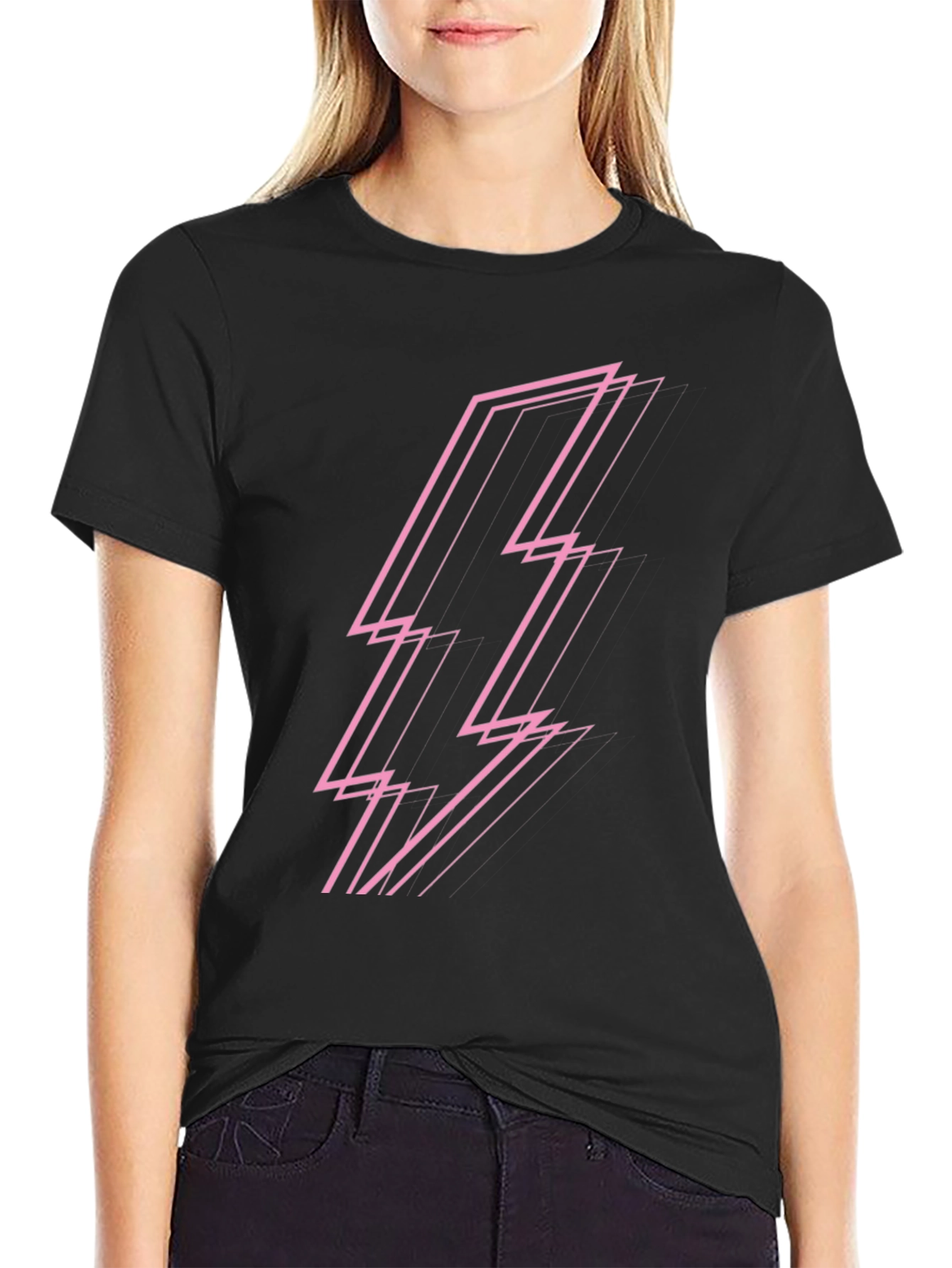 Black Modern Pink Lightning Bolt Graphic Black T-Shirt view 2