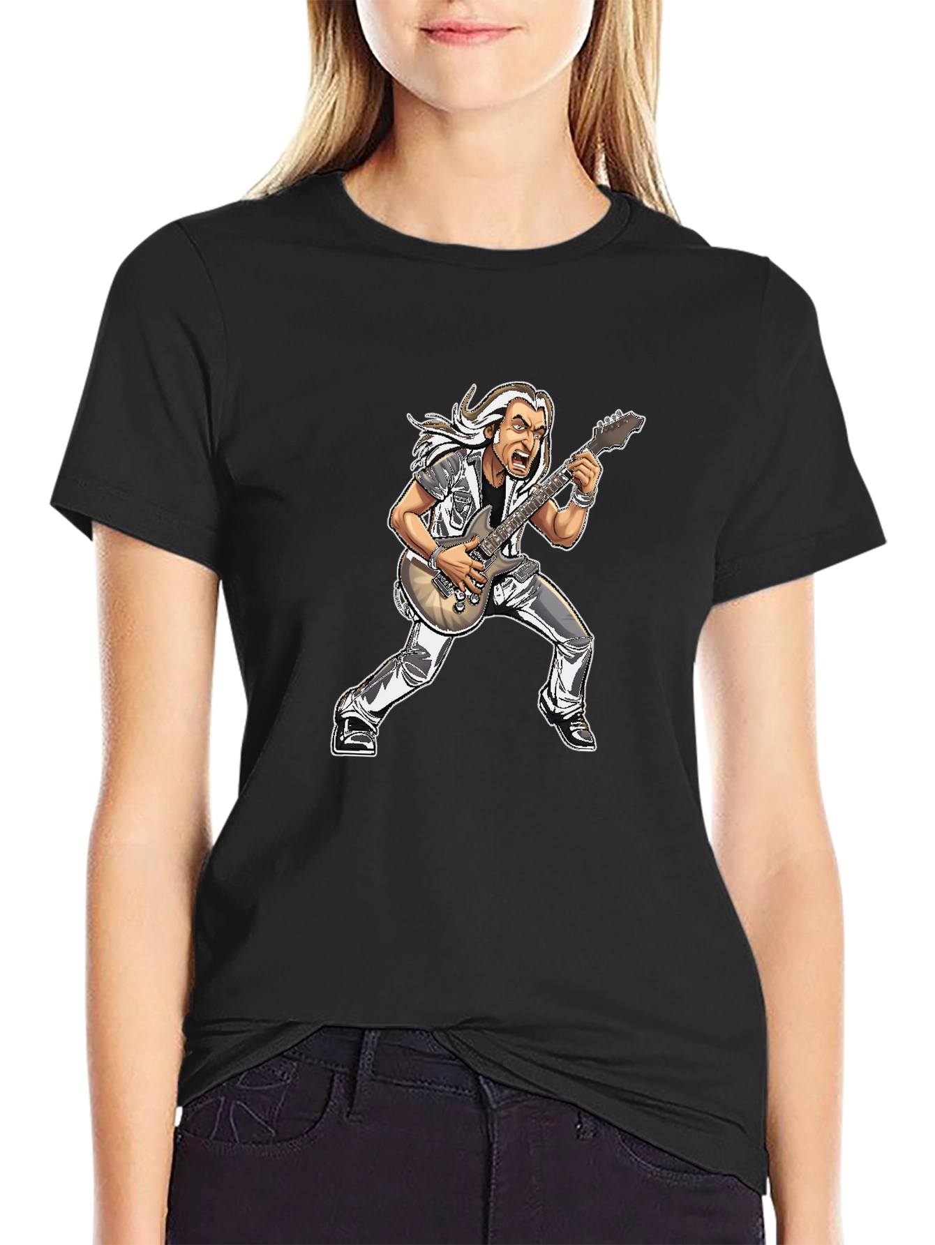 Black Guitar Hero Cartoon T-Shirt view 2