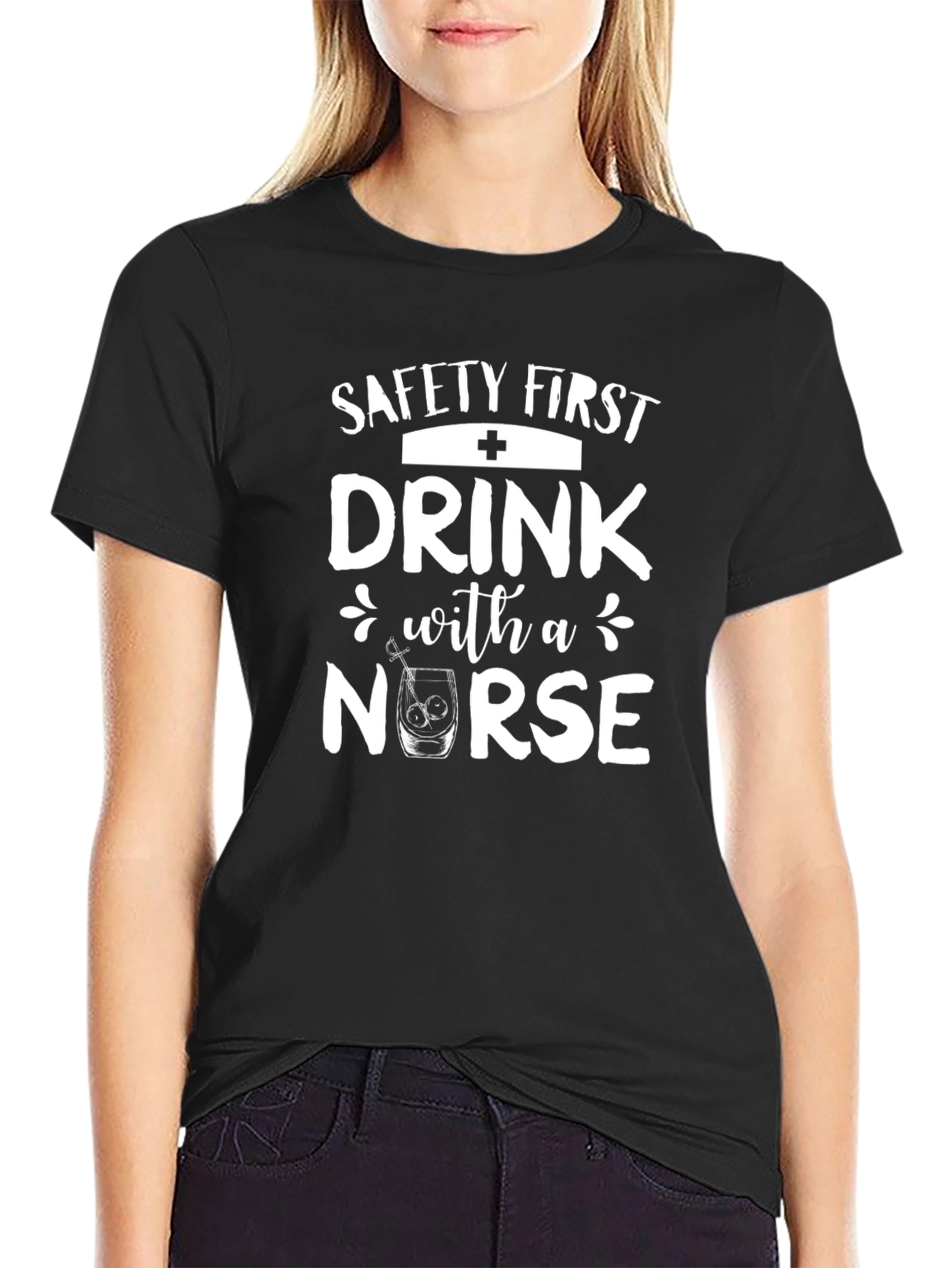 Black Safety First Drink With a Nurse T-Shirt view 2
