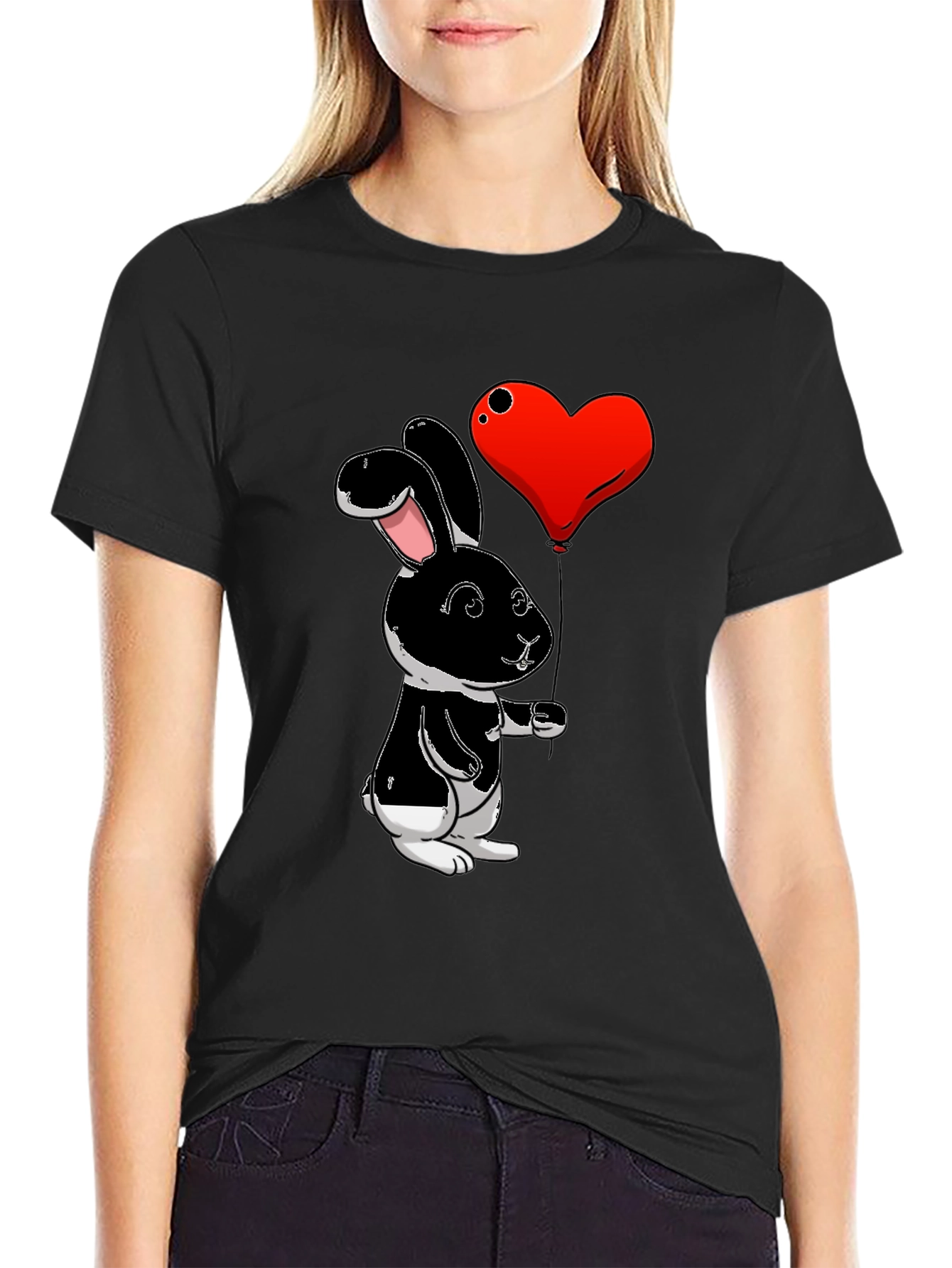 Black Black Bunny Heart Balloon Graphic T-Shirt view 2