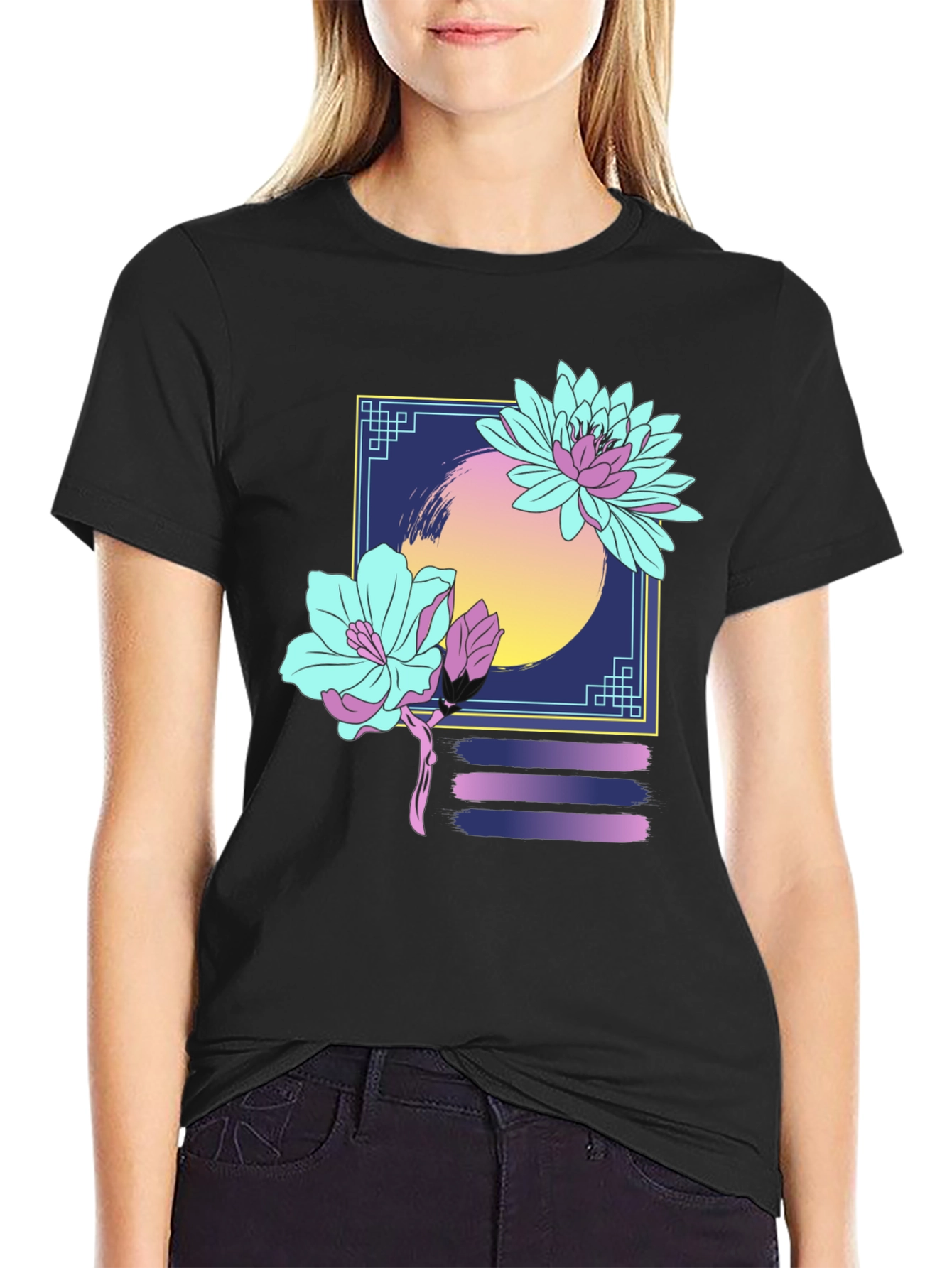 Black Floral Graphic T-Shirt - Retro Aesthetic Design view 2