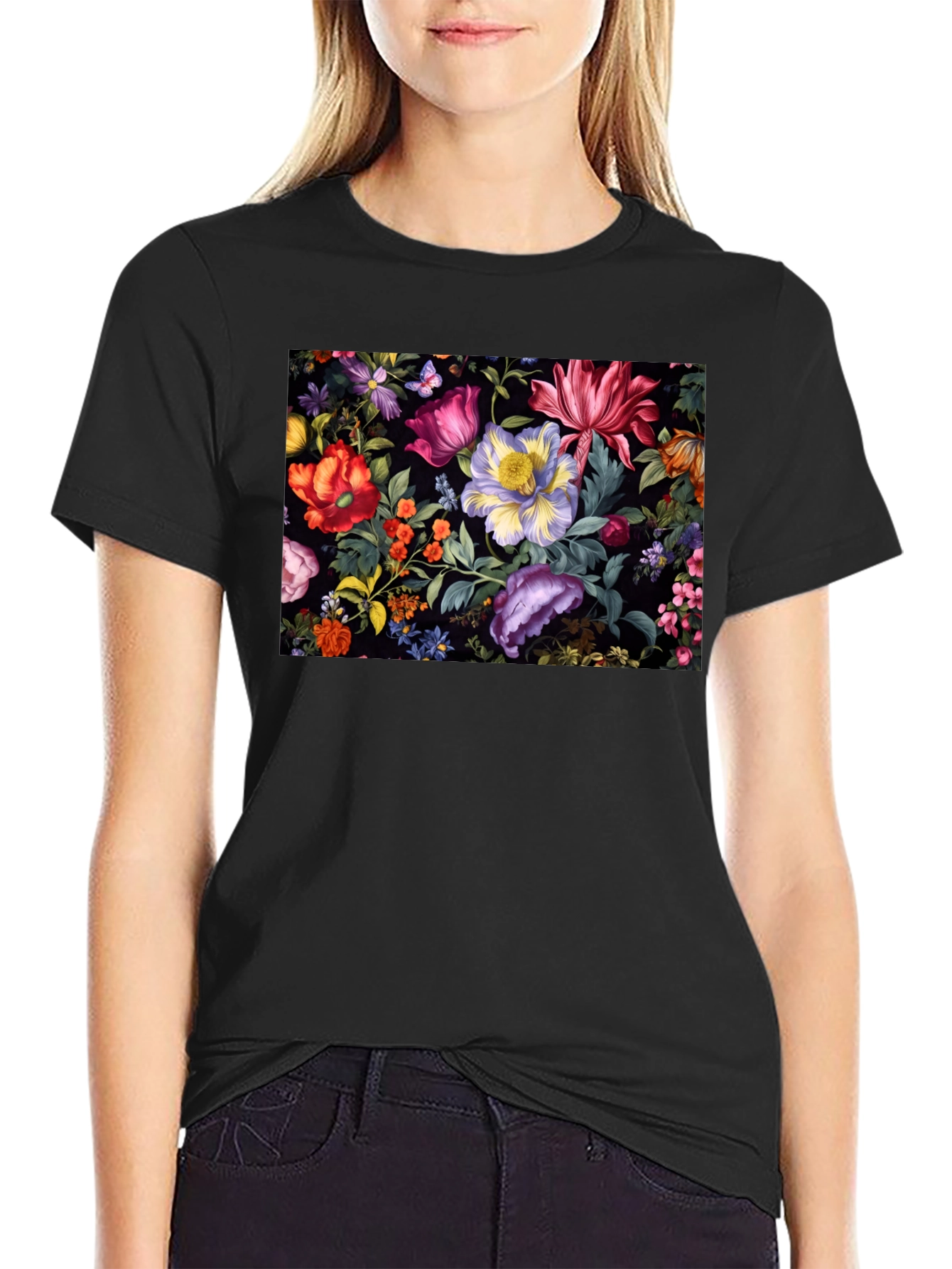 Black Floral Print Black T-Shirt view 2