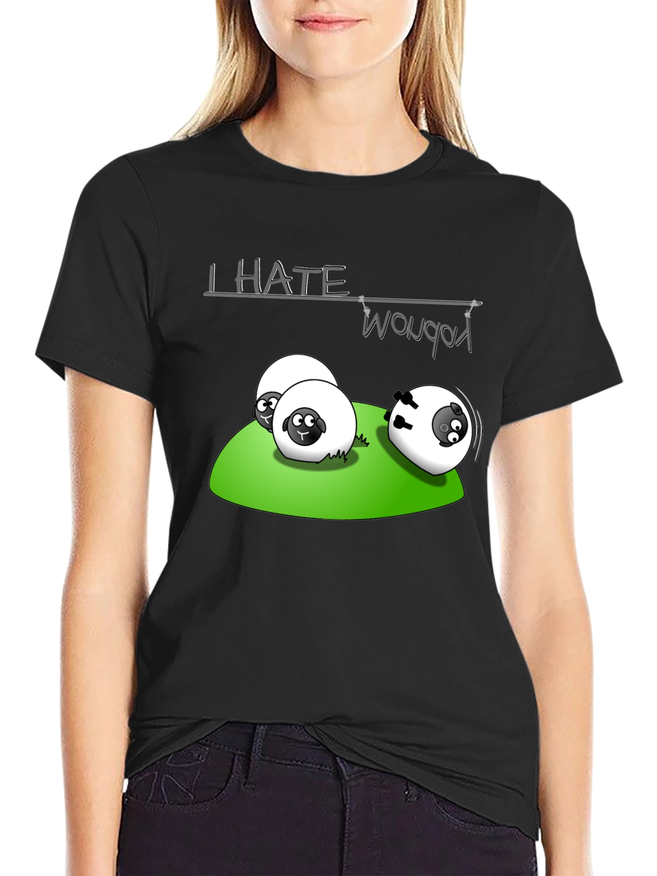 Black I Hate Woobots Funny Sheep Cartoon Black T-Shirt view 2