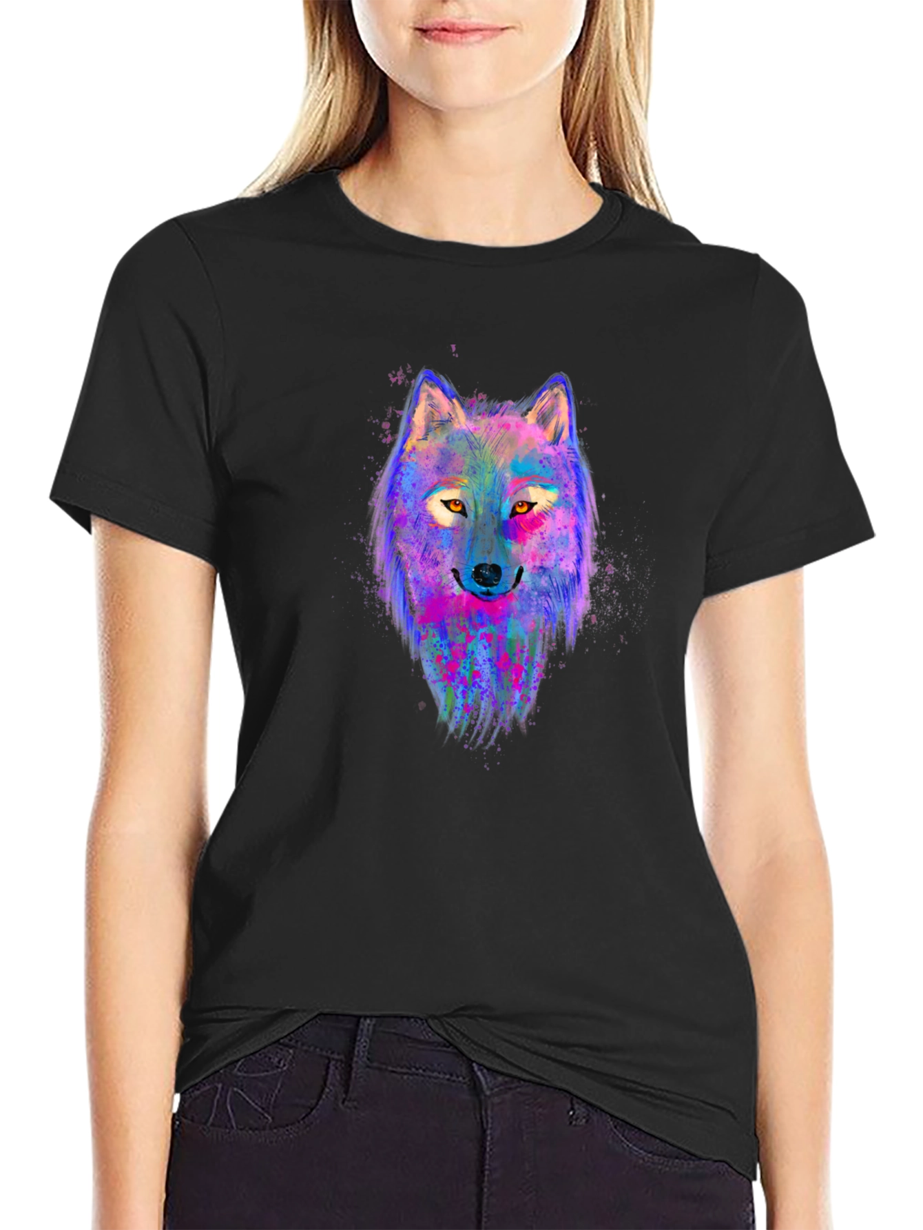 Black Vibrant Wolf Graphic Tee - Men's Black T-Shirt view 2