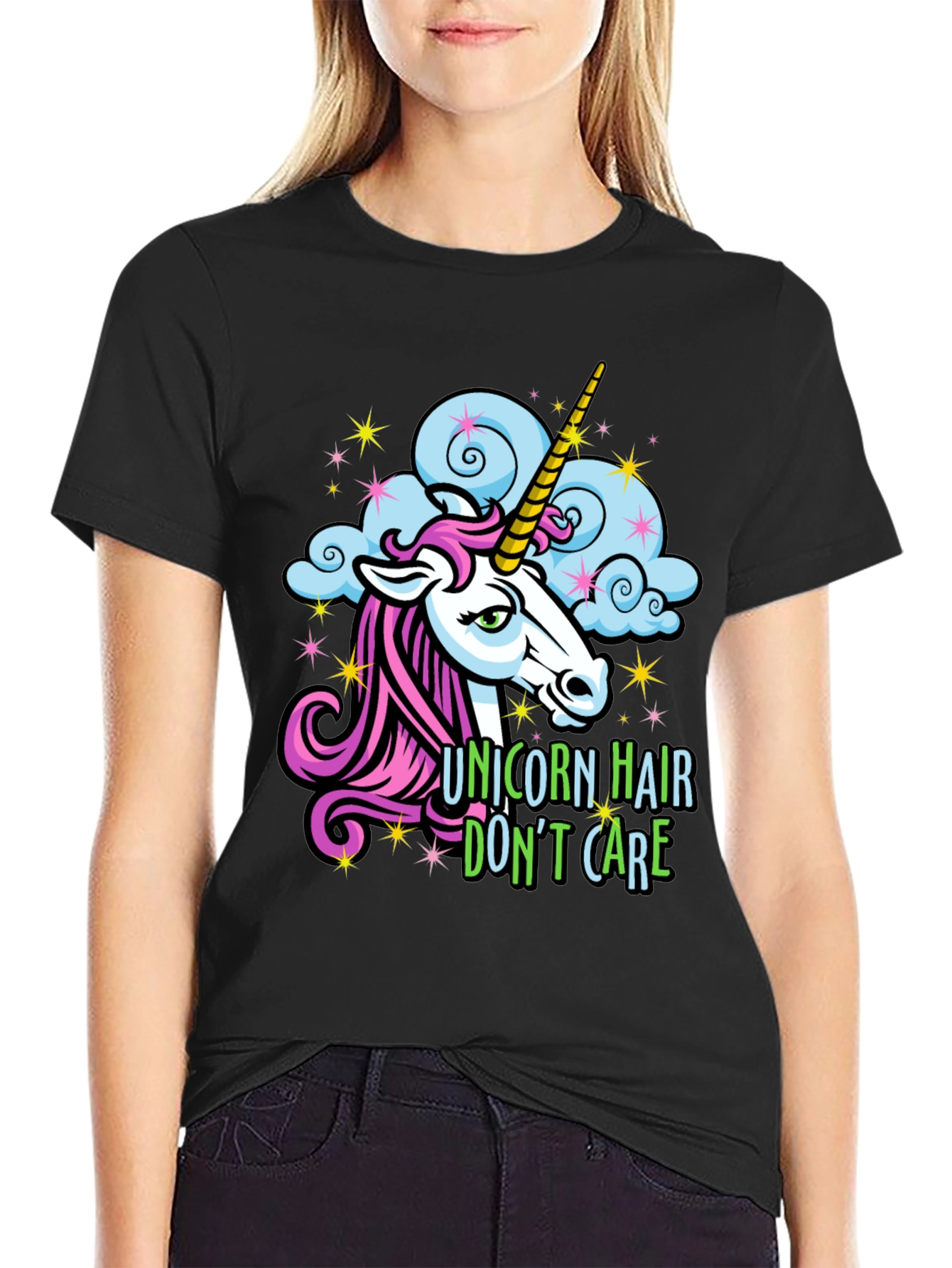 Black Unicorn Hair Don't Care Tee - Funny Graphic T-Shirt view 2
