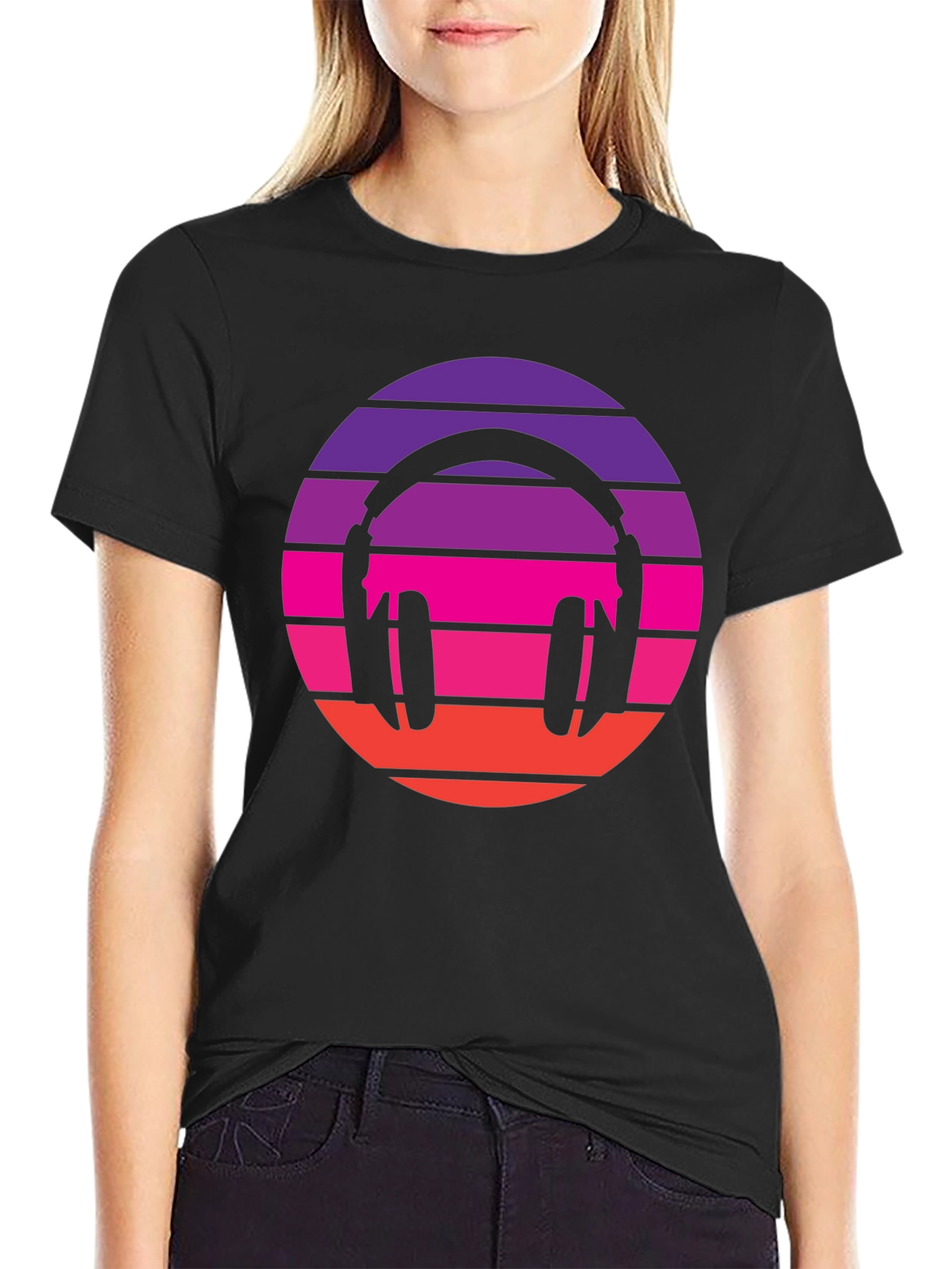 Black Retro Headphones T-Shirt - Vintage Music Vibes view 2