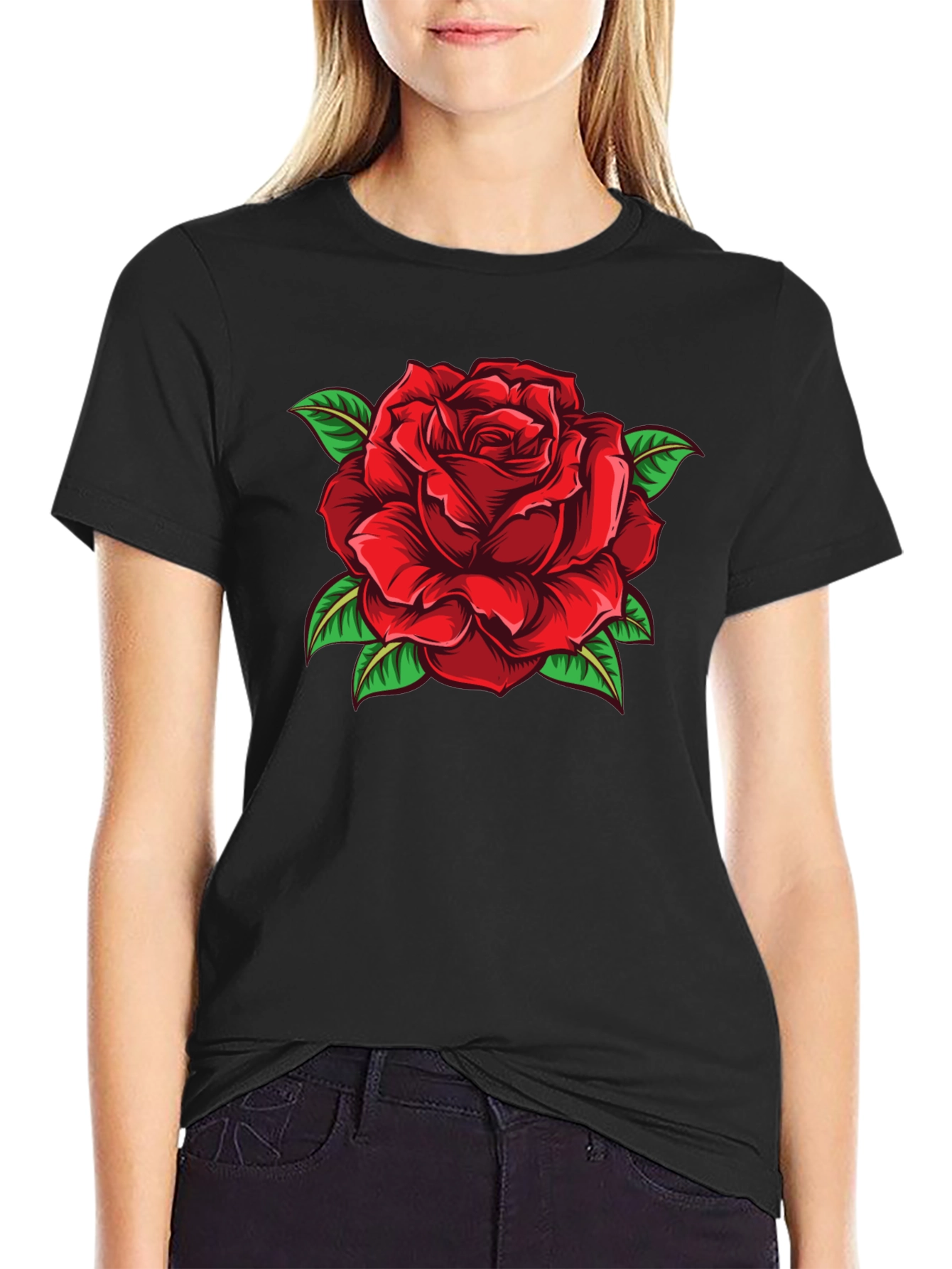 Black Red Rose Graphic Print Black T-Shirt view 2