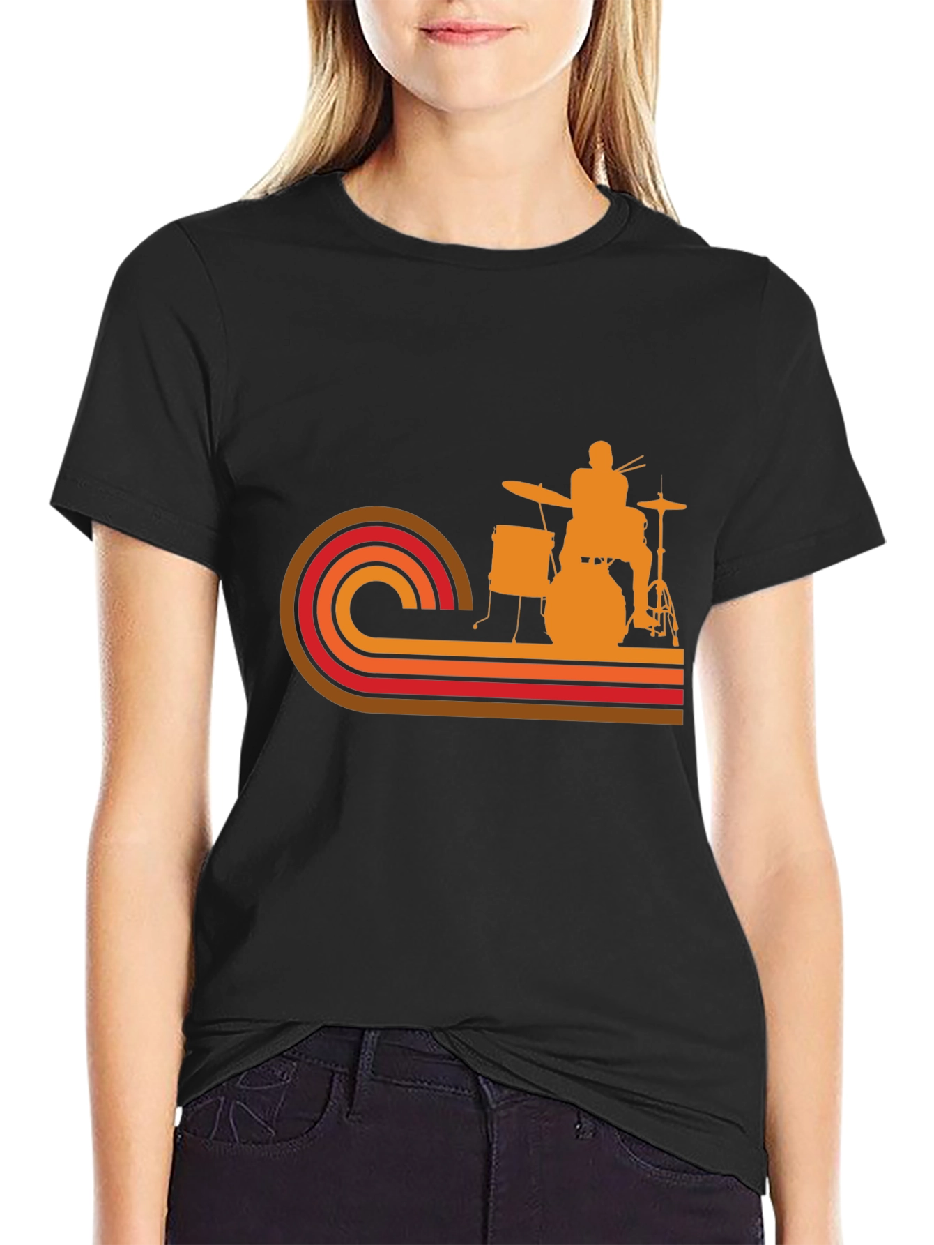 Black Retro Drummer T-Shirt - Vintage Style Music Tee view 2