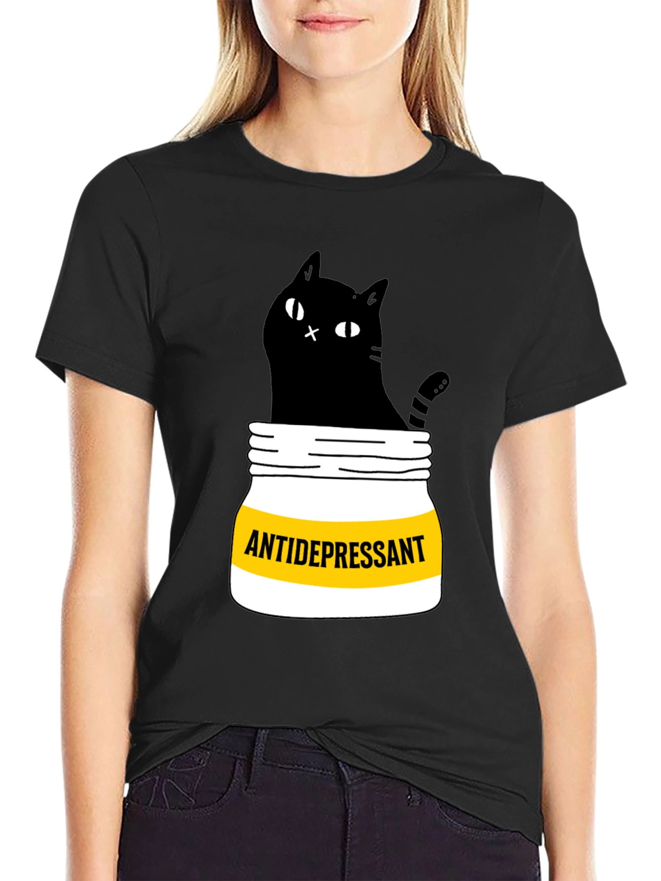 Black Antidepressant Cat T-Shirt - Funny Black Cat Graphic Tee view 2
