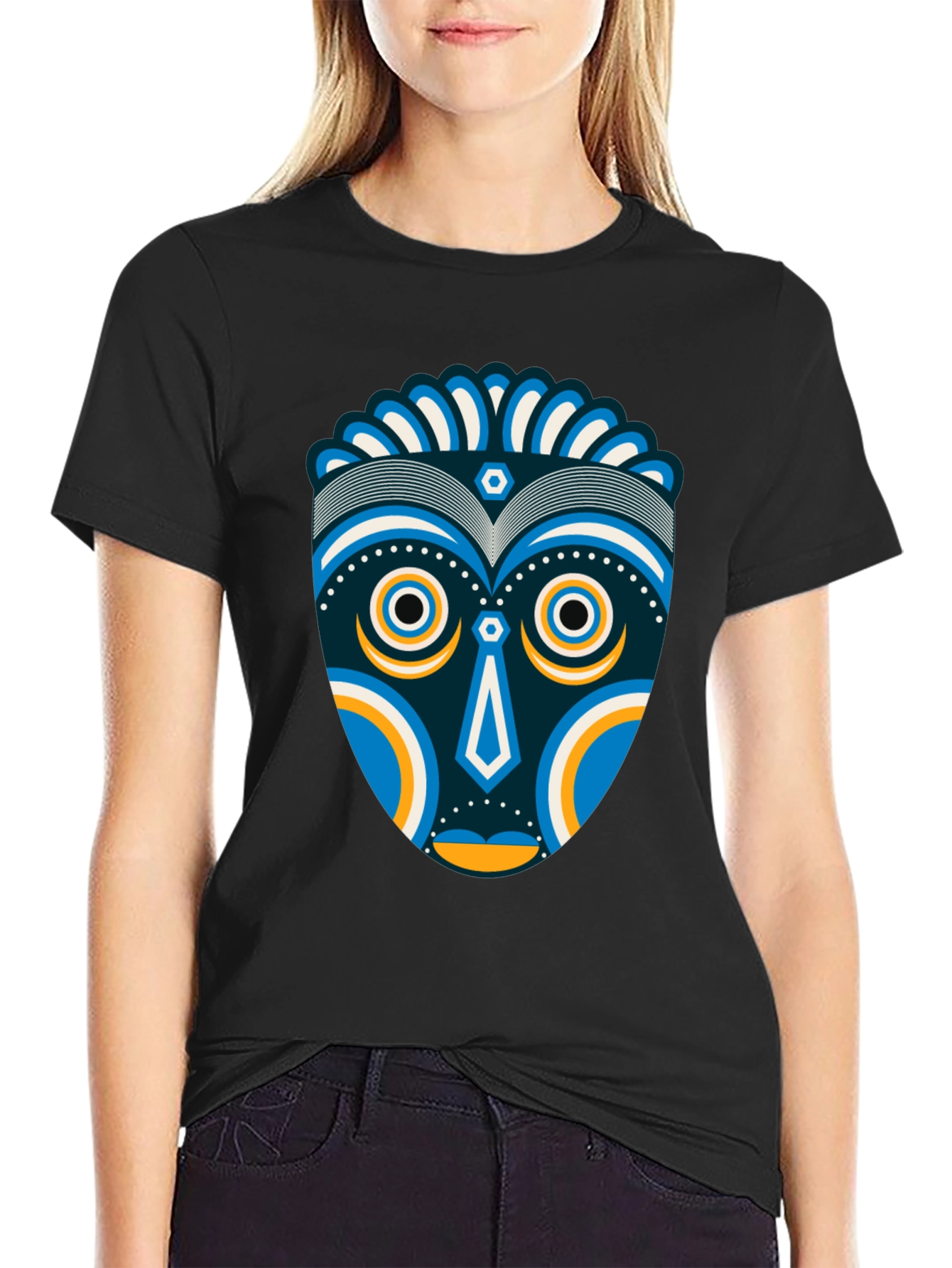 Black Tribal Mask Graphic Tee - Unique Design, Black Cotton Shirt view 2
