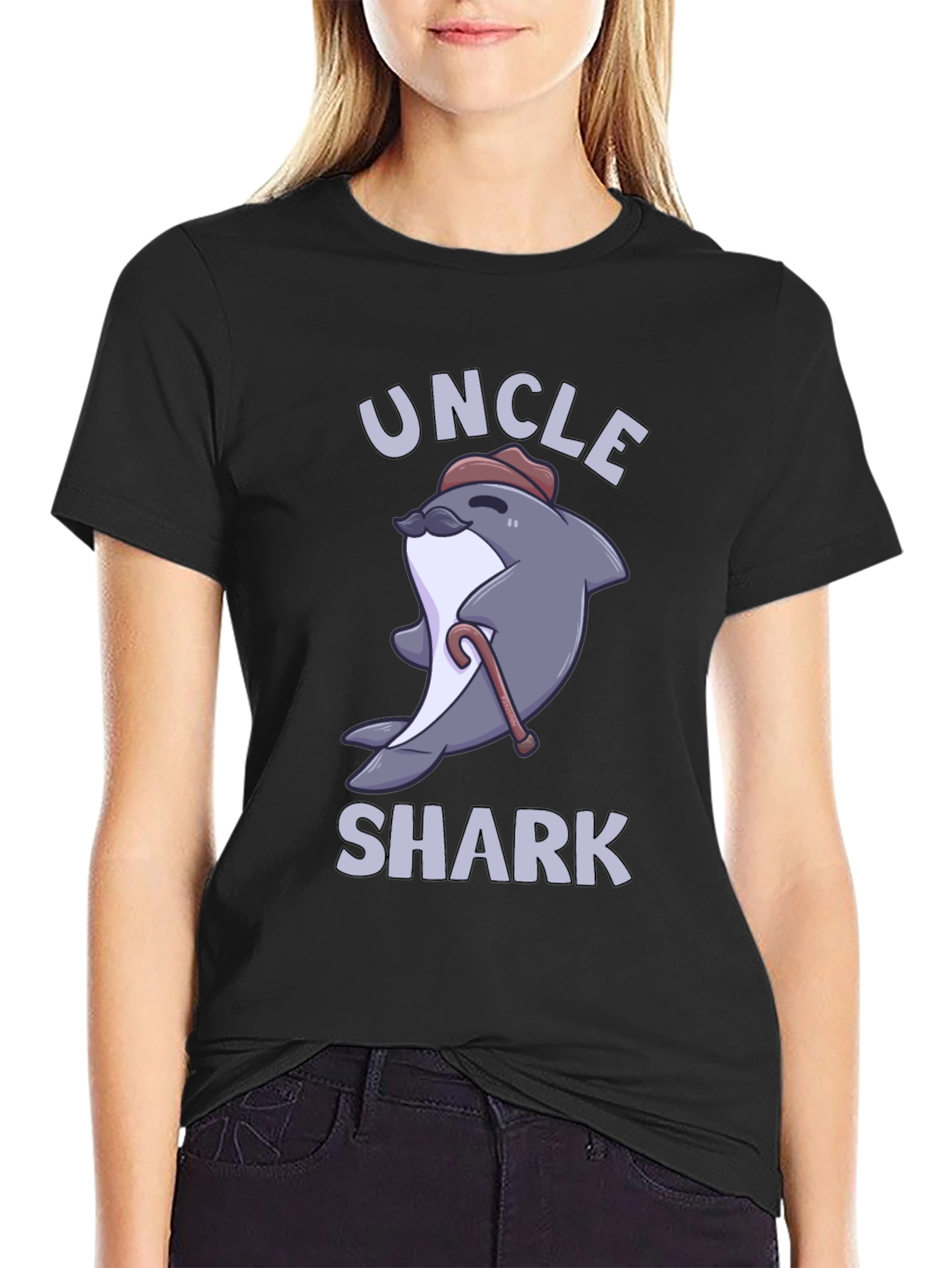 Black Uncle Shark Graphic Tee - Cute Cartoon Shark T-Shirt view 2