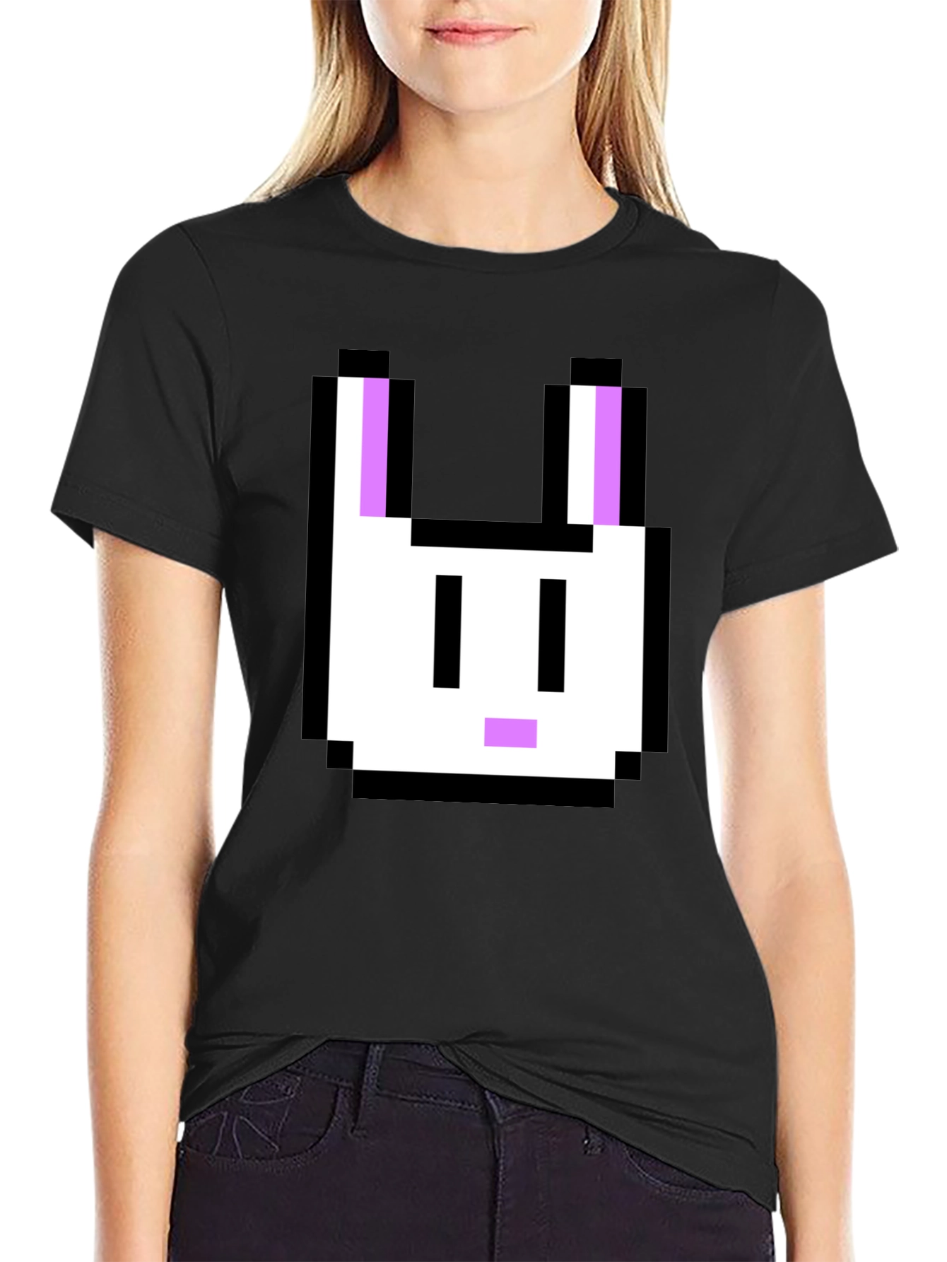 Black Pixel Bunny Graphic Tee - Black Cotton T-Shirt view 2