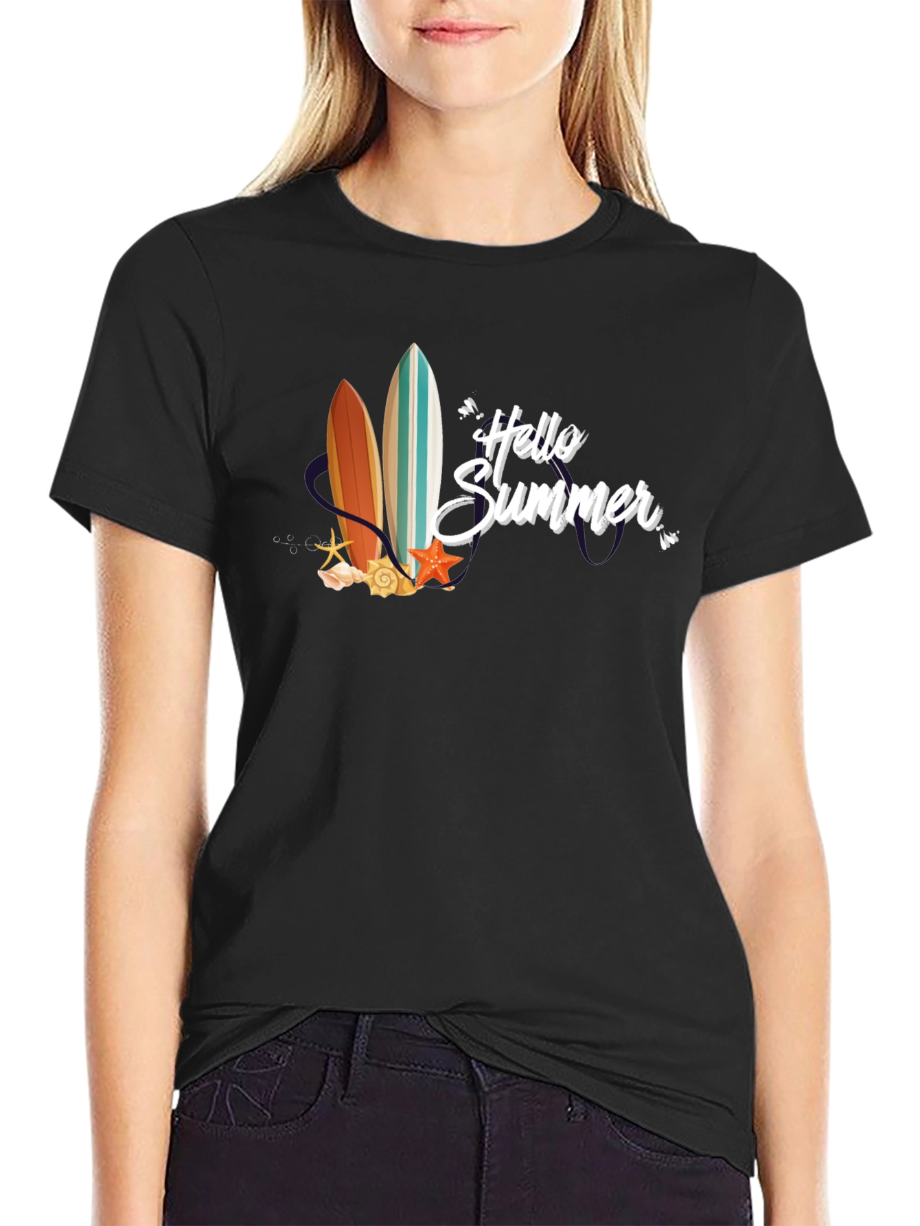 Black Hello Summer Surfboard Graphic T-Shirt view 2
