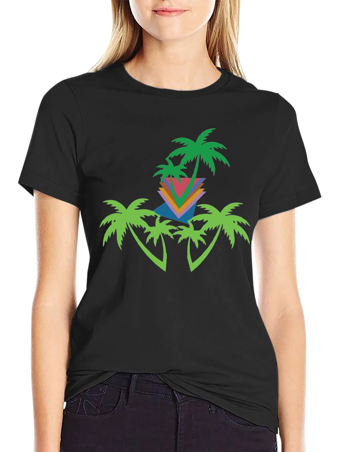 Black Retro Palm Tree Graphic Tee - Black Cotton Blend view 2