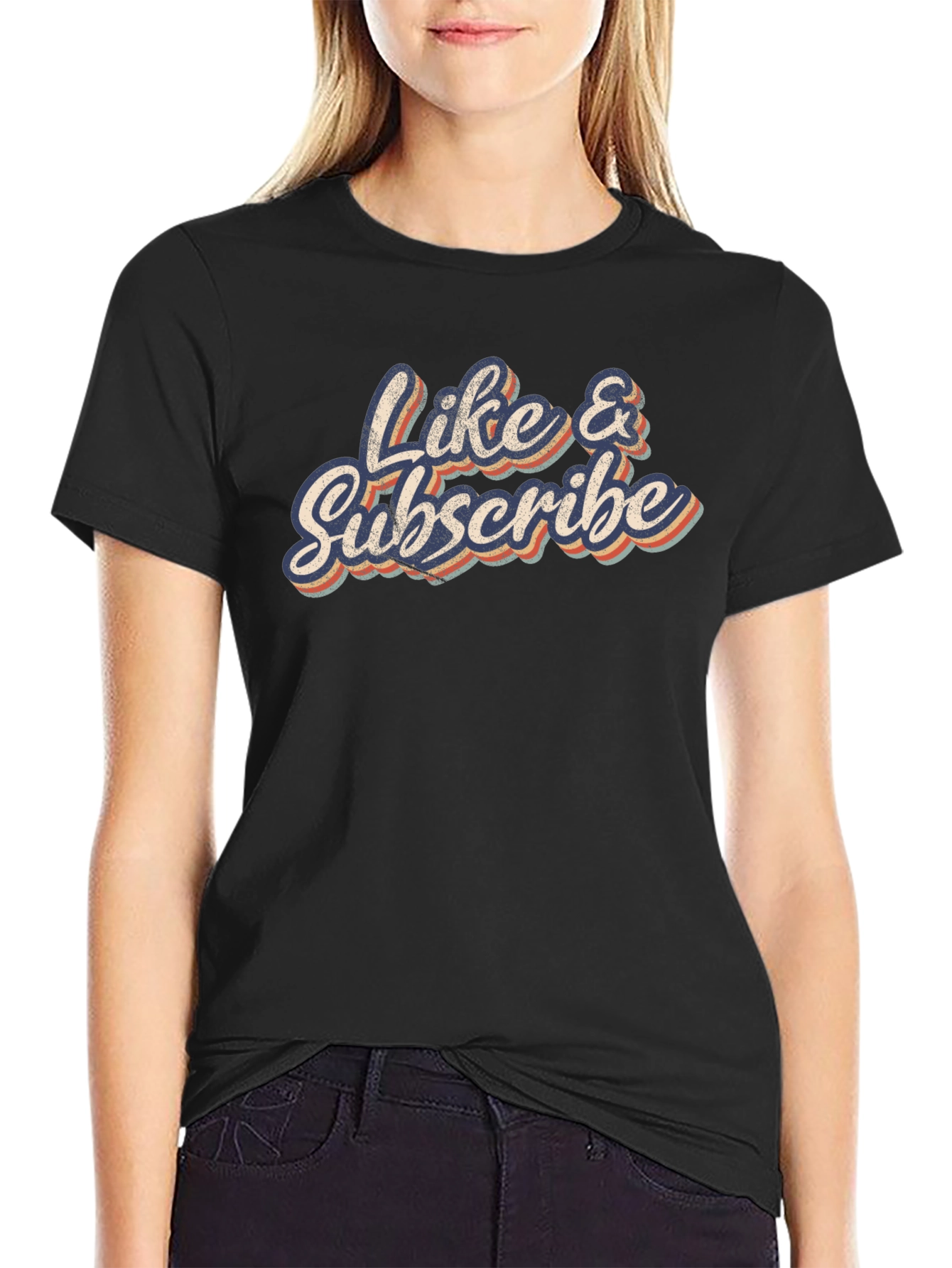 Black Like & Subscribe Retro Style Black T-Shirt view 2