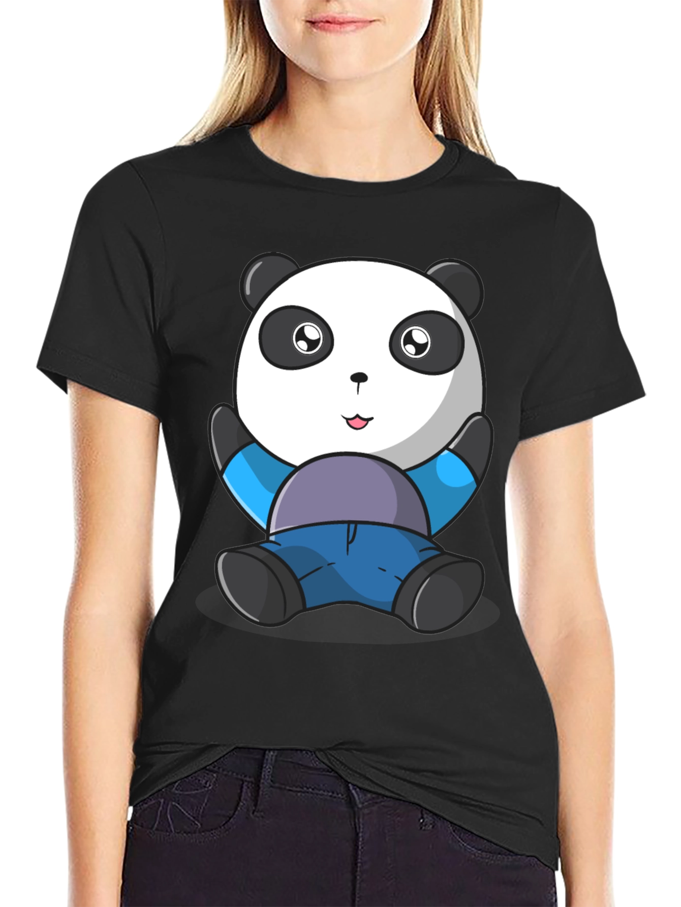 Black Cute Panda Bear Graphic T-Shirt view 2
