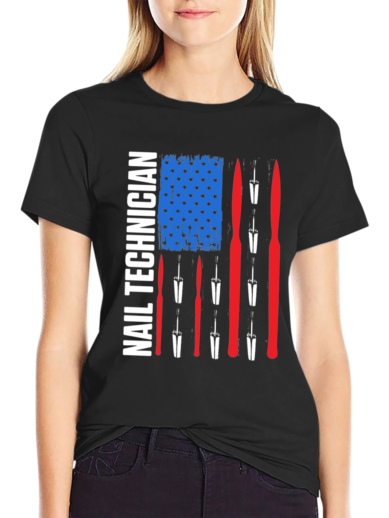 Black Nail Technician American Flag T-Shirt view 2