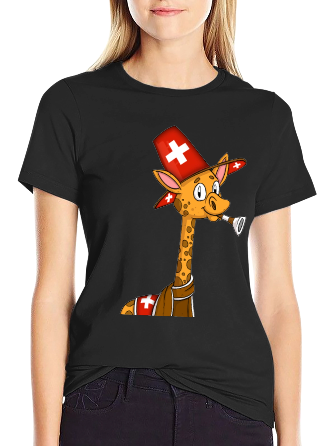 Black Swiss Giraffe T-Shirt - Unique Cartoon Design view 2