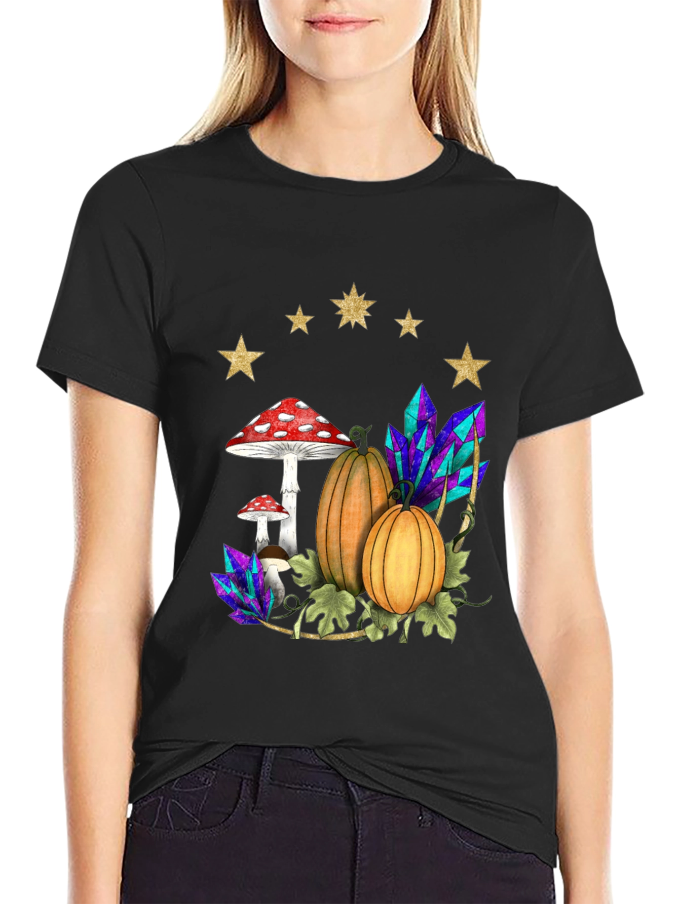 Black Whimsical Harvest T-Shirt: Pumpkins, Mushrooms & Crystals view 2