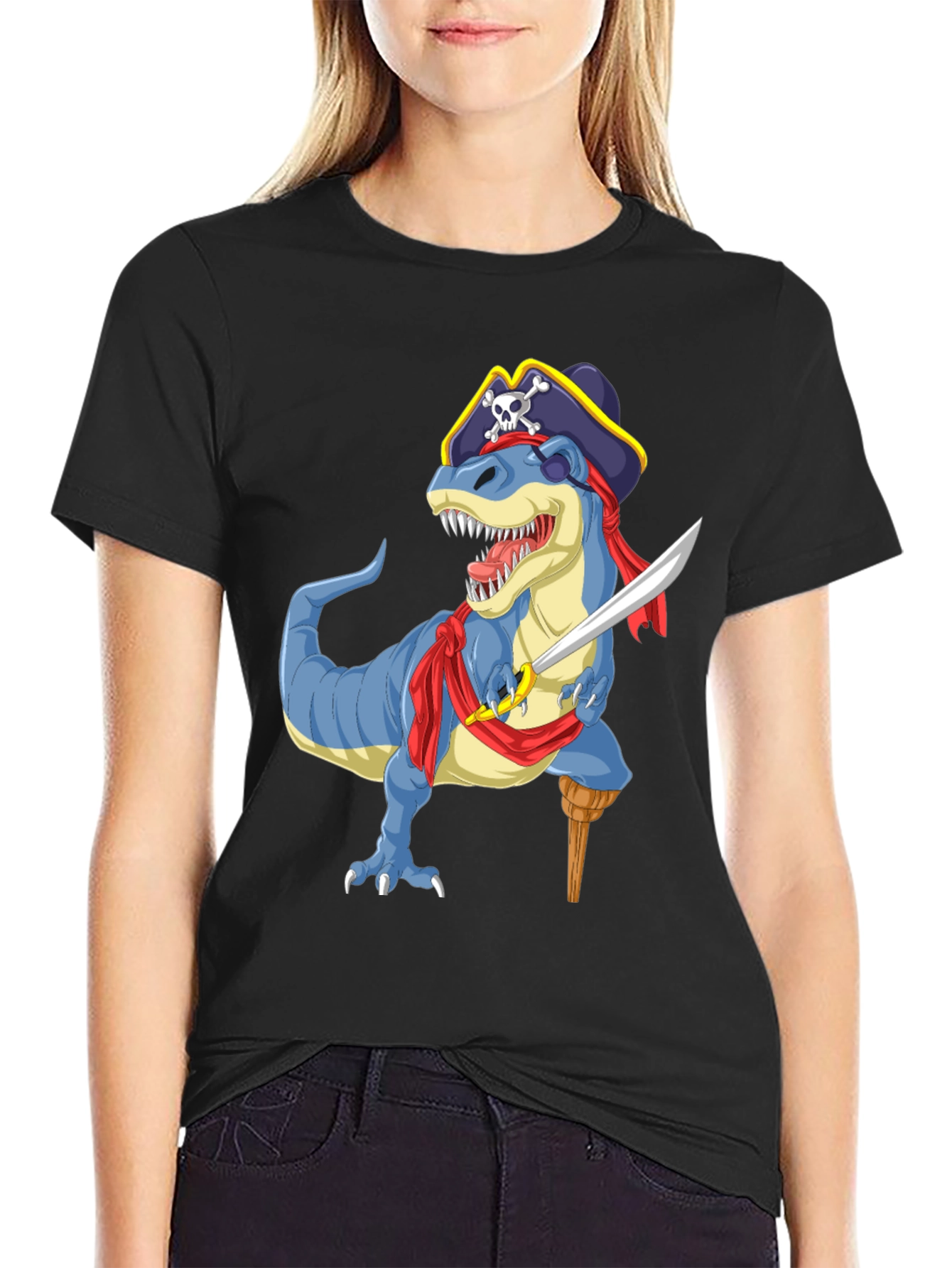 Black Pirate Dinosaur Graphic T-Shirt - Fun Novelty Tee view 2